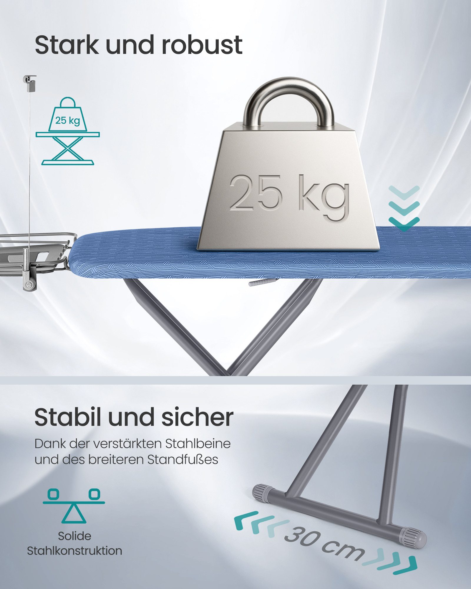 SONGMICS Bügelbrett, Bügelfläche 122x38 cm, 122 x 38 cm Bügelfläche, Bügeltisch höhenverstellbar, klappbar