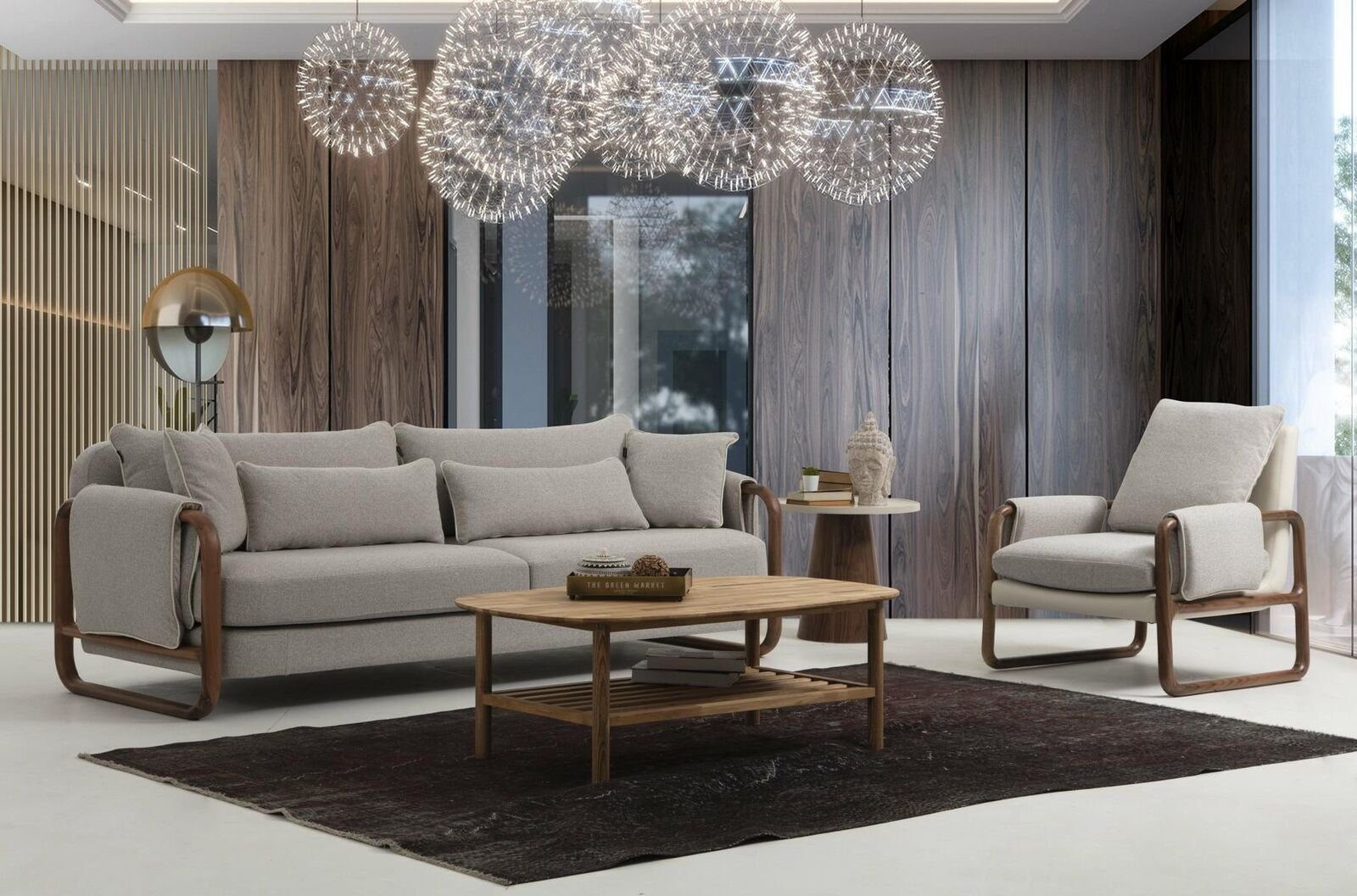 Modern Set in 221 2x Stoff + Made Sitzer Design, Zweisitzer Wohnzimmer-Set Sofagarnitur (3-St., Sessel Grau JVmoebel 2-Sitzer Sessel), Europa 1x