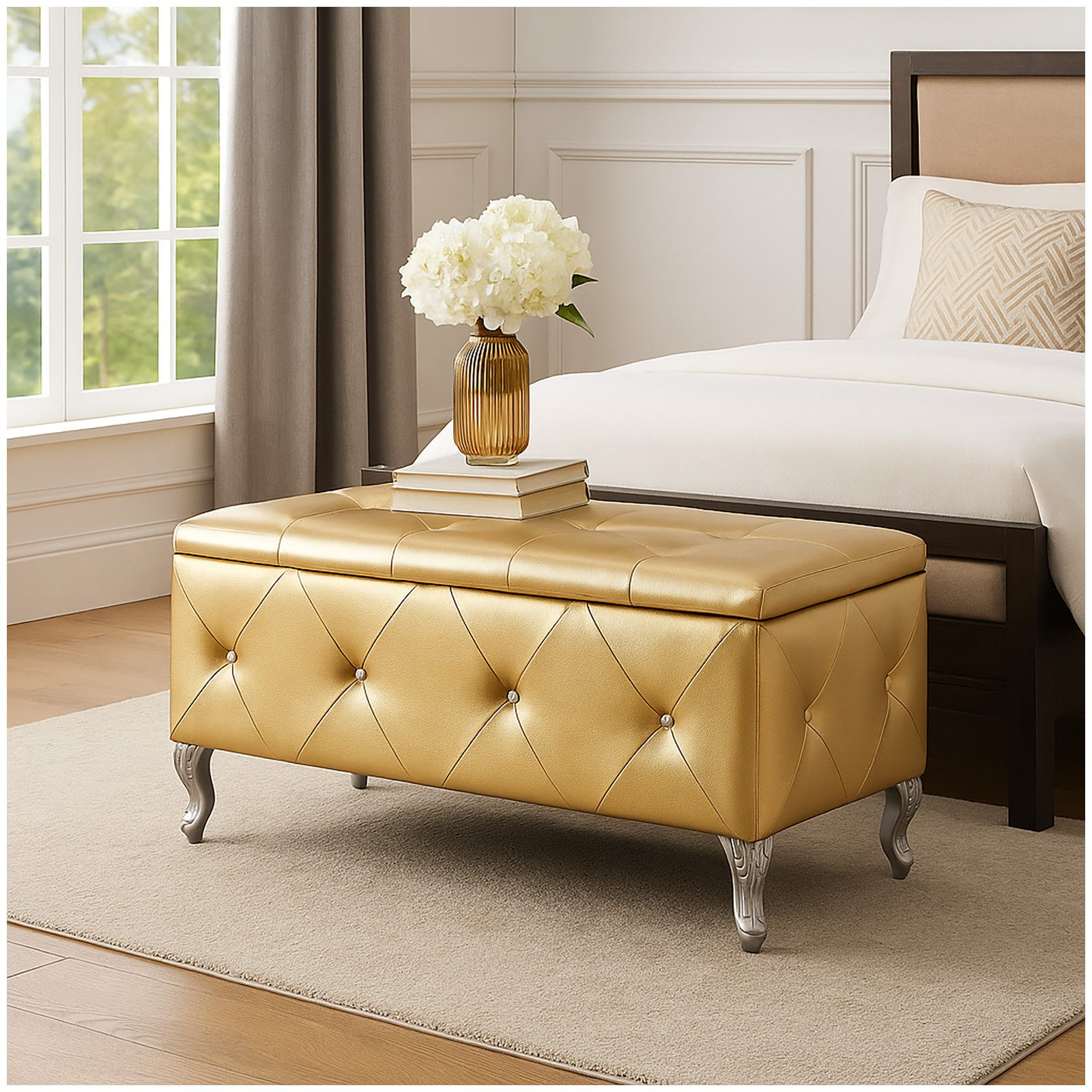 HTI-Living Sitzbank Gepolsterte Sitzbank mit Truhe Maribella Gold (Stück, 1-St., 1 Sitzbank), Ottomane mit Stauraum