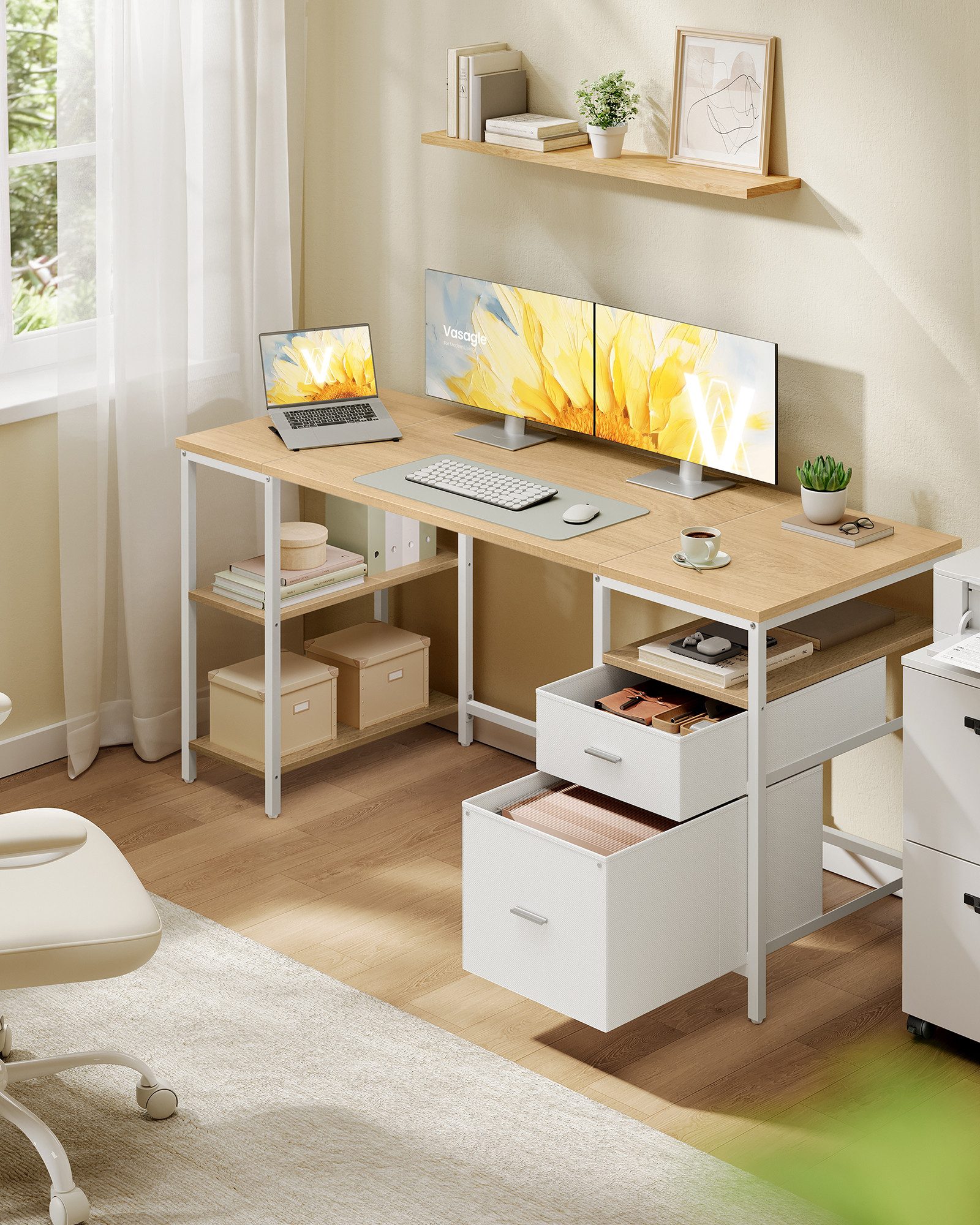 VASAGLE Schreibtisch Computertisch, Bürotisch, mit 3 Ablagen, 2 Schubladen, 140/160 cm