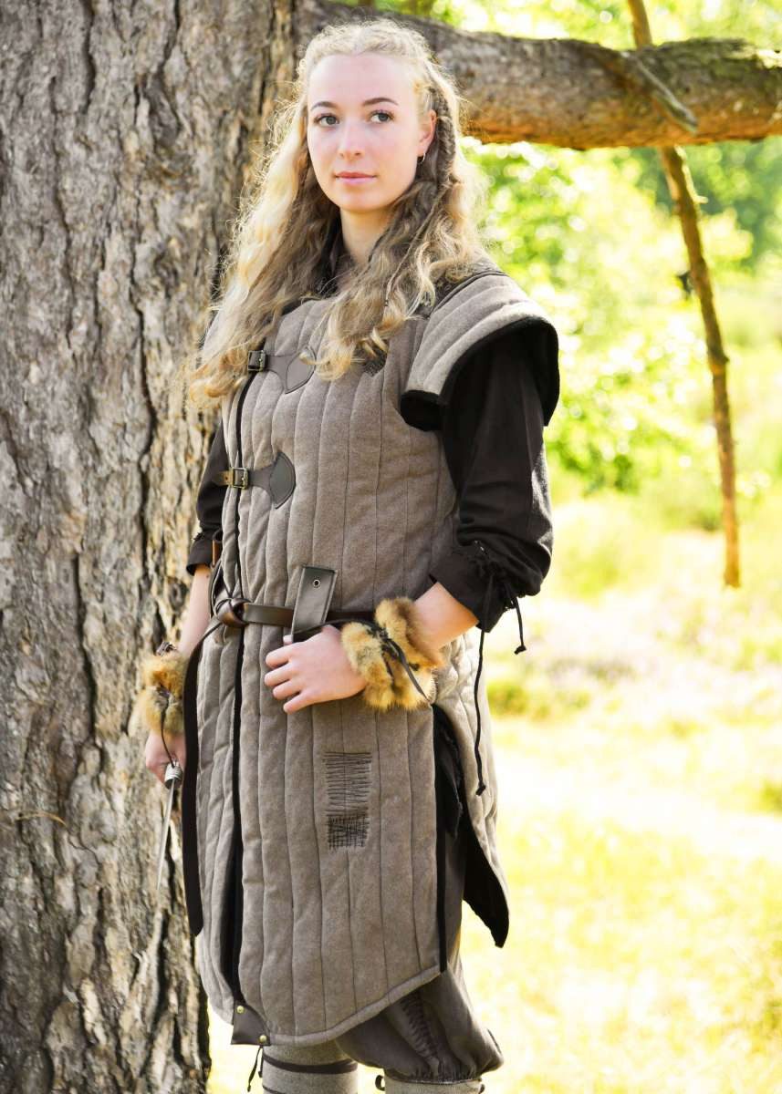 Battle Merchant Wikinger-Kostüm Mittelalter Gambeson Used-Look, braun – schwarz „Vari“