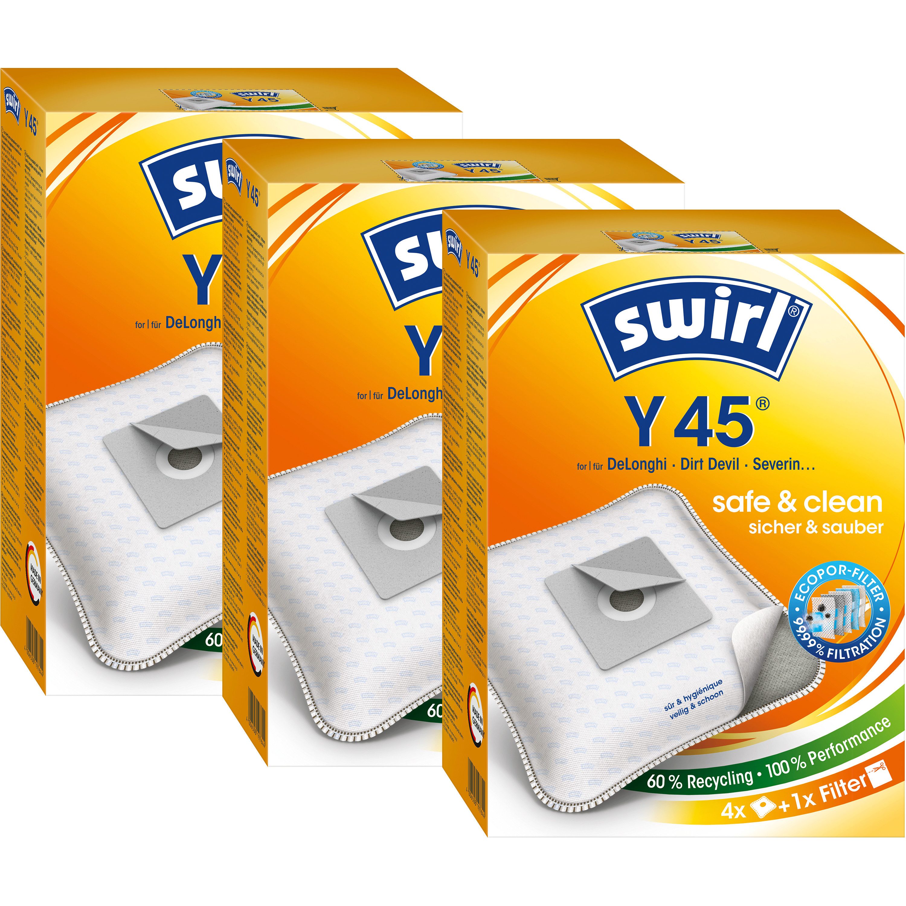 Swirl Пылесборники Y45 EcoPor® für DeLonghi Dirt Devil Severin 12 Beutel, passend für De'Longhi