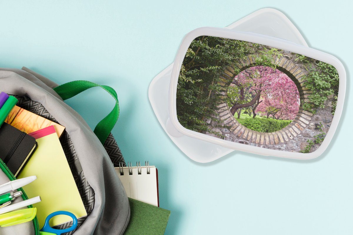 Lunchbox Kunststoff, Jungs Transparent und - - - Kinder Mädchen Brotbox für (2-tlg), MuchoWow für Brotdose, weiß Blüte Erwachsene, Japanisch, und Sakura