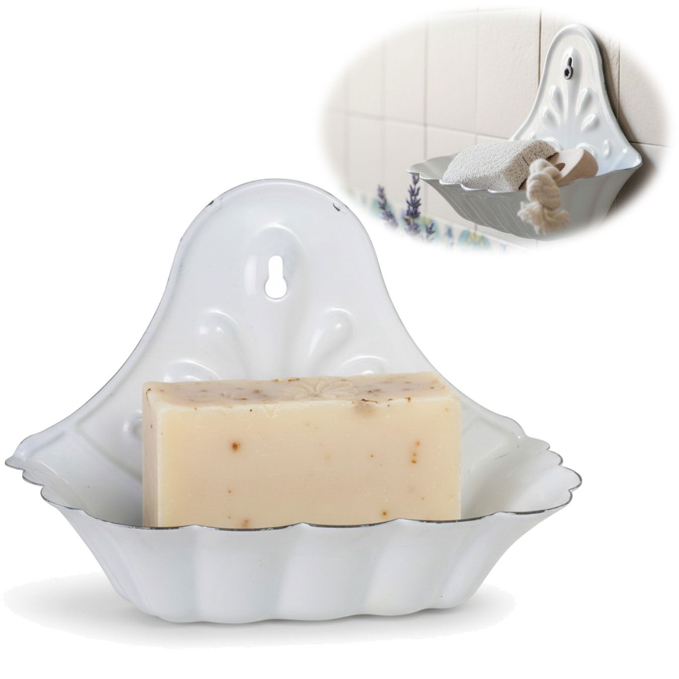 LS-LebenStil Seifenschale IB Laursen Emaille Weiß 16cm Wandmontage Seifenhalter, Breite: 11.00 cm, Wandbefestigung Seifenablage Seifenhalterung für Bad oder Küche, 1-St., oder als Seifenhalter Schwammhalter in Dusche Badewanne