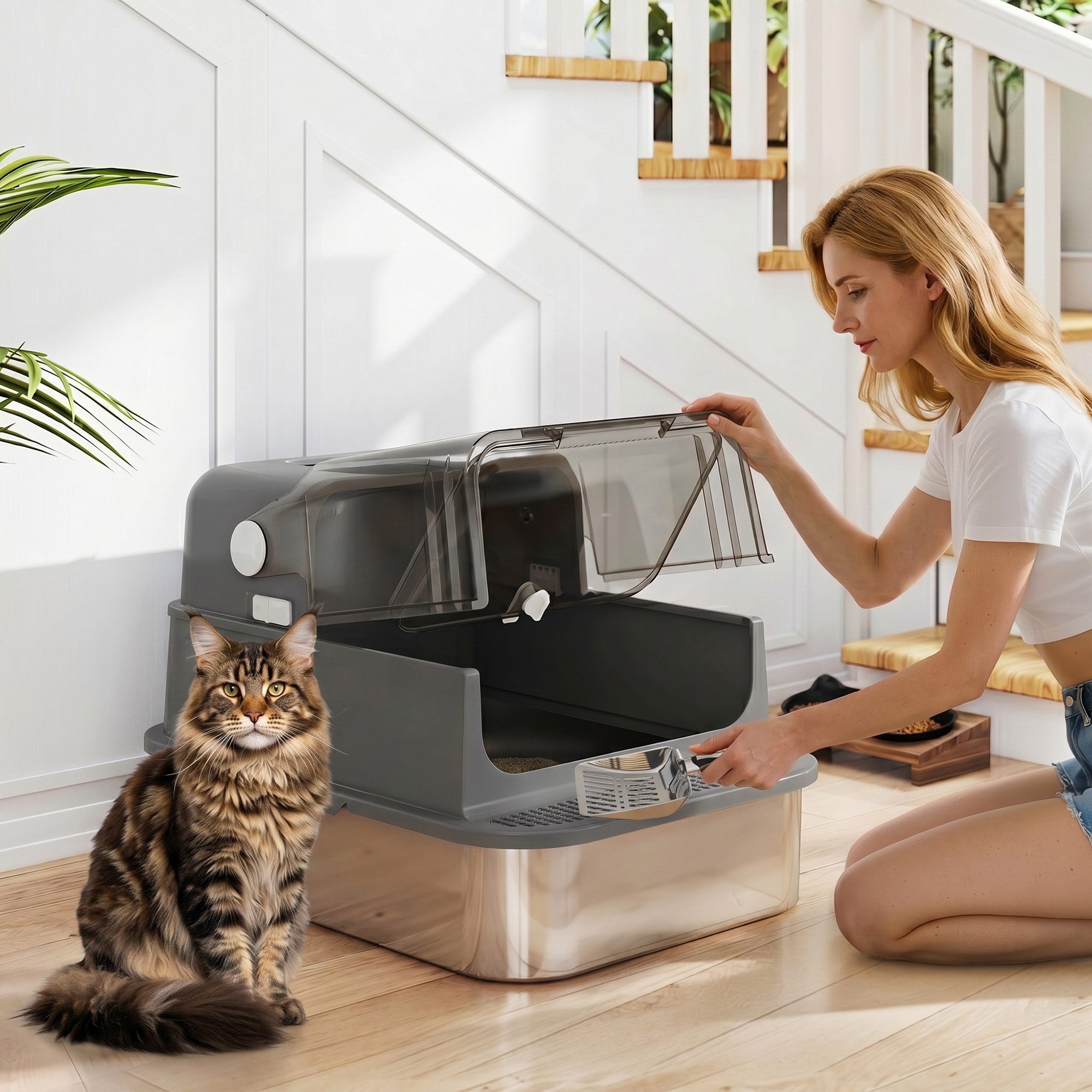 PawHut Katzentoilette Katzenklo Edelstahl mit Deckel XXL 52L für große Katzen und Mehrere, mit Doppeltüren Schaufel Pedal hoher Ränder Leicht zu Reinigen