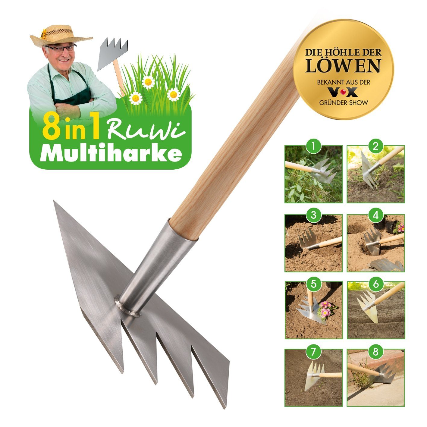 Ruwi Multiharke Gartenhacke Harke Gartenharke Hacke Gartenhacke, 8 in 1 Multiharke Unkraut jäten, Boden lockern, Pflanzlöcher graben