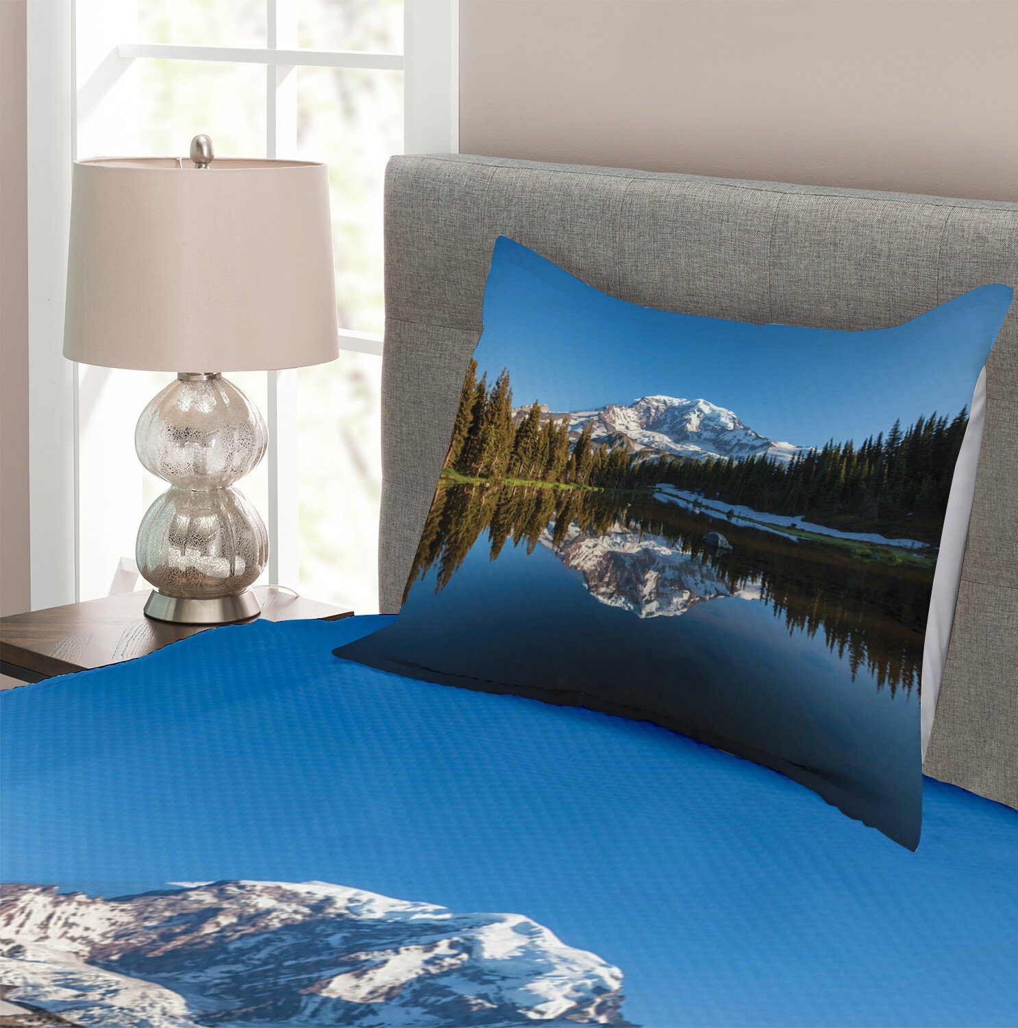 Tagesdecke Set Amerikanischer See Schnee mit Woods Mount Abakuhaus, Kissenbezügen Waschbar, Rainier