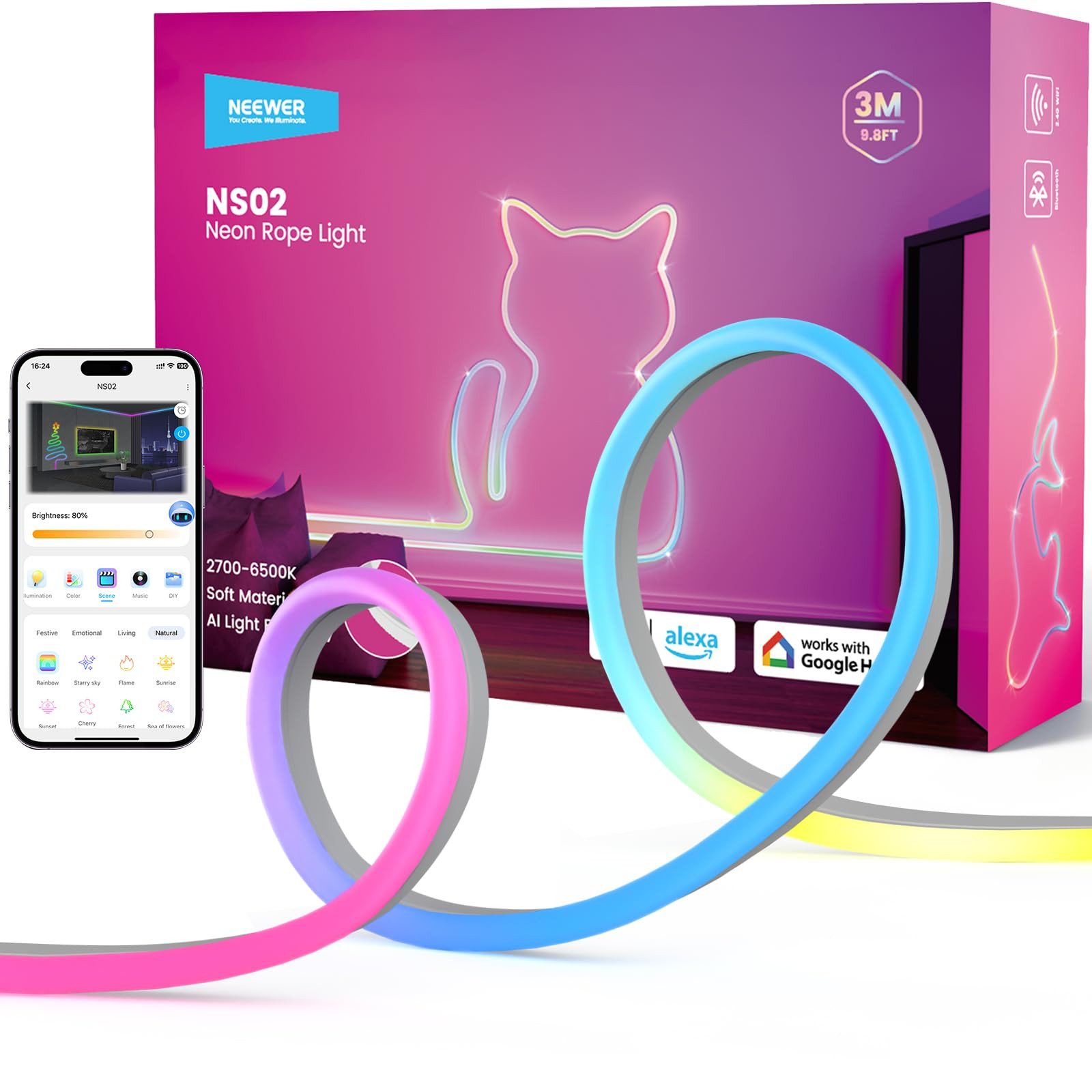 Neewer LED Stripe NS02 3m LED Lichtleiste, Smart AI RGB, zuschneidbare Neon Lichterkette, mit App Sprachsteuerung, für Schlafzimmer Spielzimmer Wanddeko