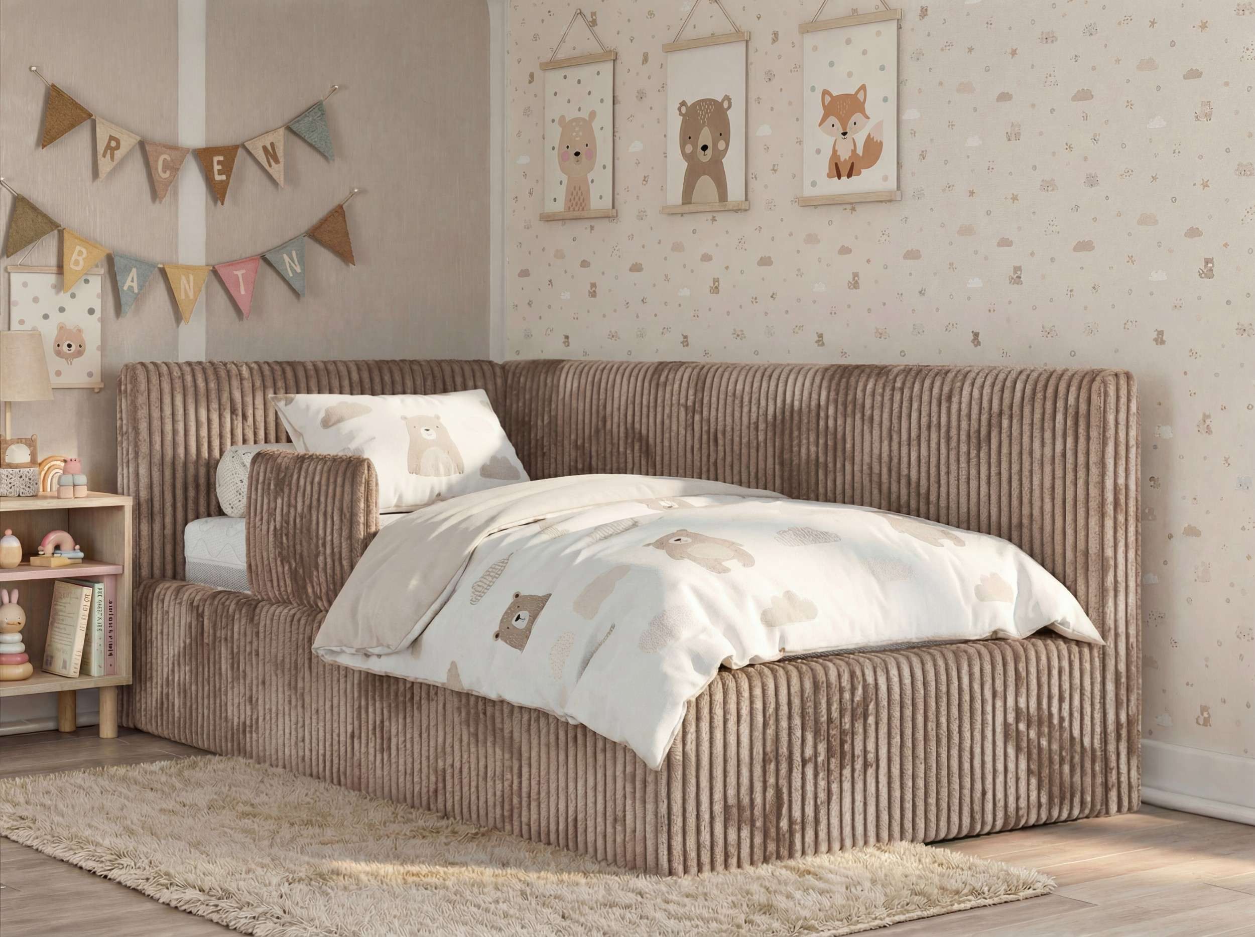 MKS MÖBEL Kinderbett TILVO ALTA (Set, Cordstoff Bett, inkl. Lattenrost, Bettkasten, Sicherheitsbarriere & Kopfteil), Eckbett mit Stauraum, Rausfallschutz & Gasdruckfedern