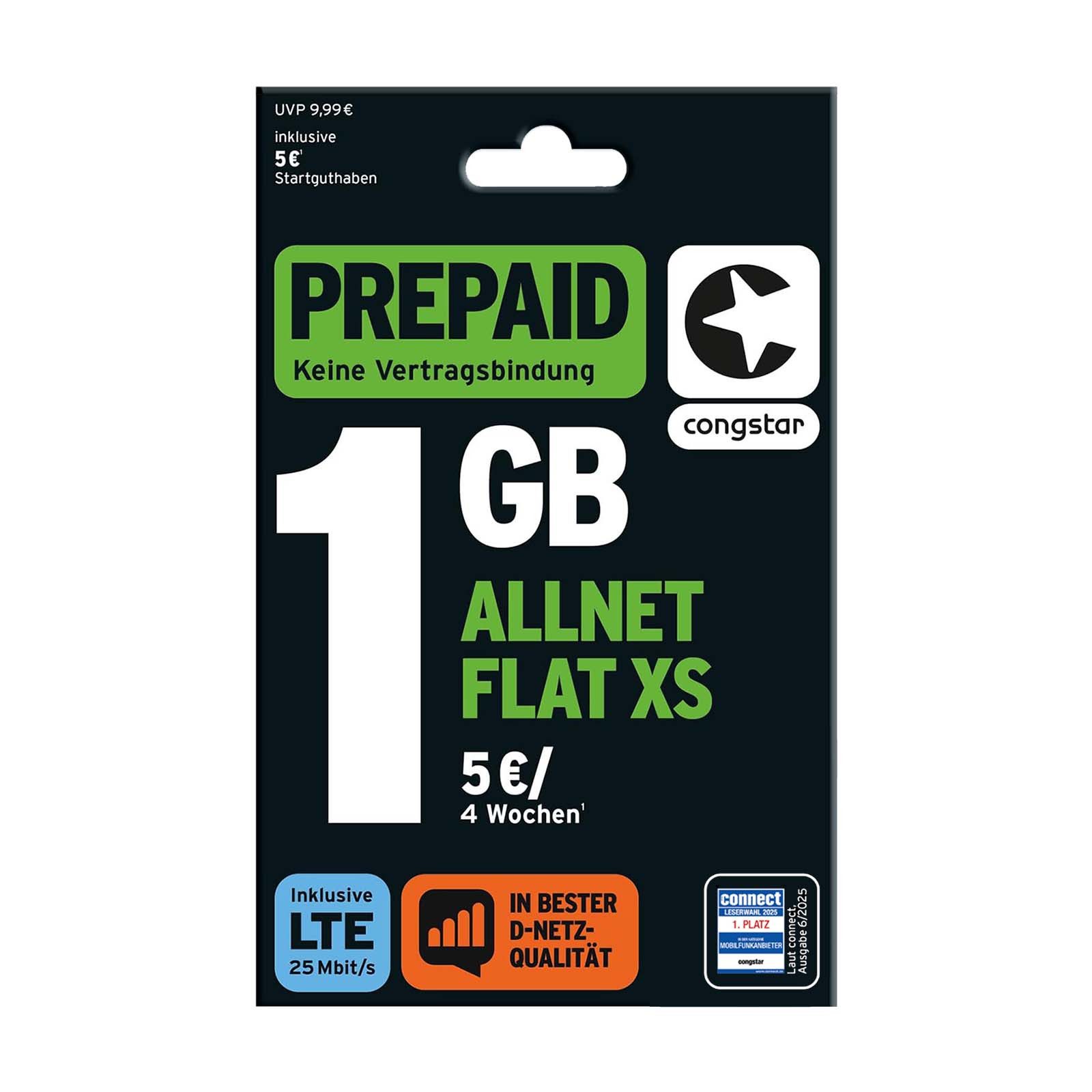 Congstar Prepaid ALLNET XS, SIM-Karte ohne Vertrag, 5G mit 25 Mbit/s Prepaidkarte, (Telefonie & SMS Flat, EU-Roaming inkl)