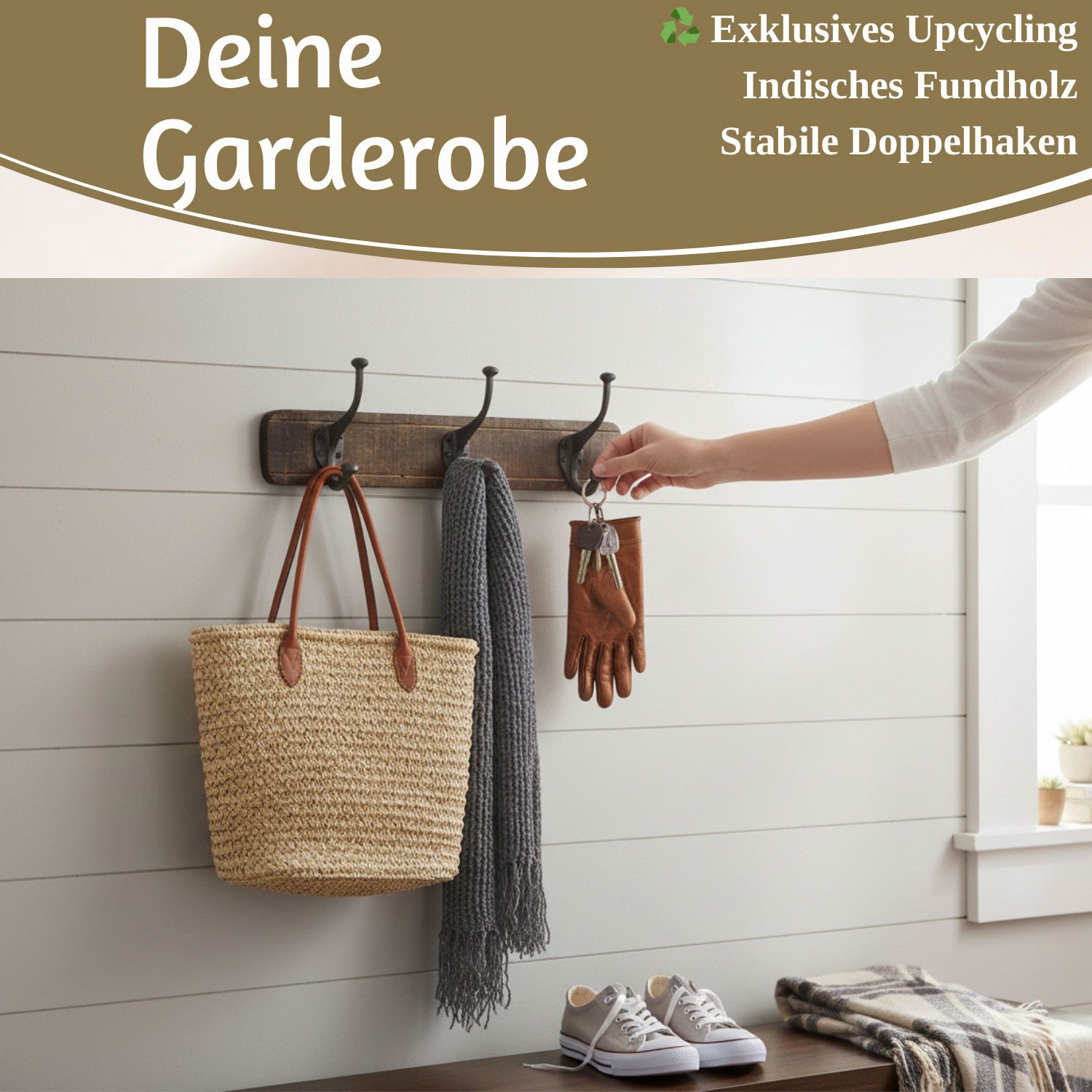 LS-LebenStil Wandgarderobe Vintage Teakholz Braun 45cm Garderobenleiste Garderobenhaken Garderobe (Nachhaltige Wandgarderobe 3 Haken 3-fach Doppelhaken -, Stabile Gusseisen Kleiderhaken Hakenleiste Mäntel Jacken)