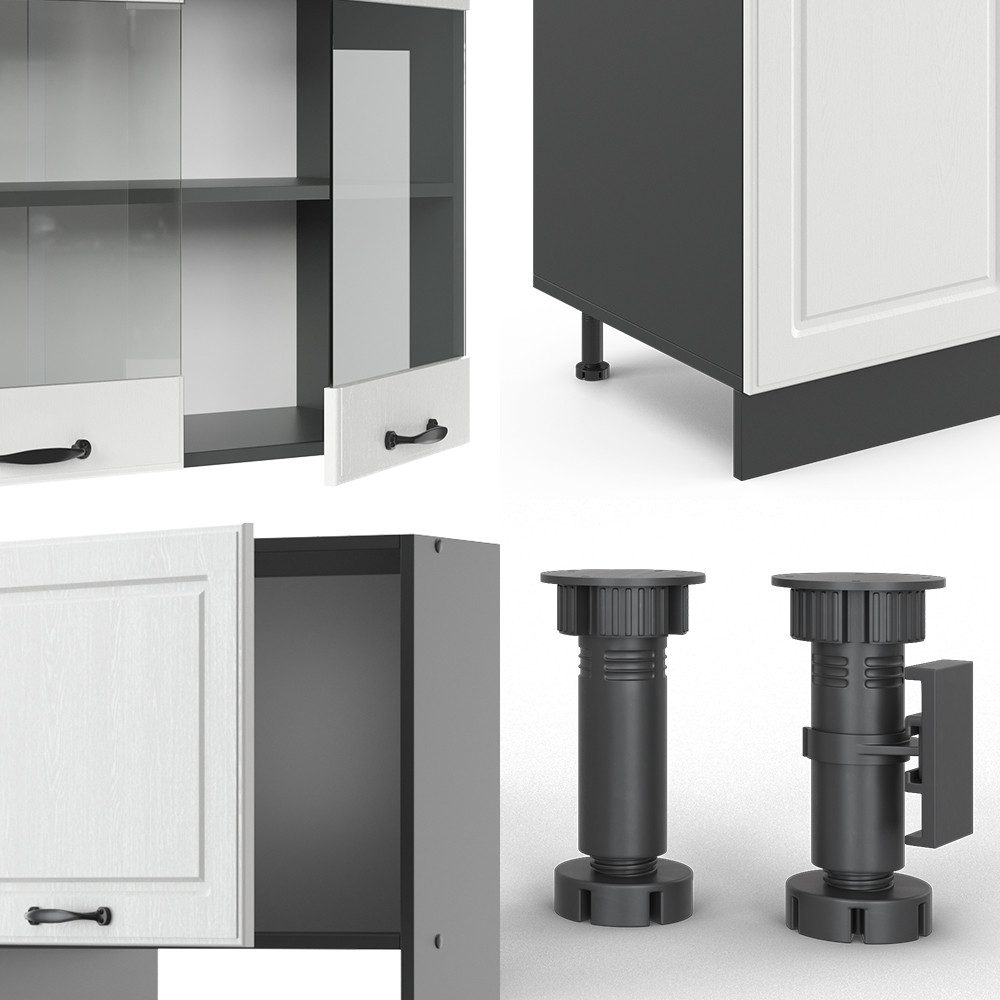 Vicco Küchenzeile R-Line, Weiß Landhaus/Anthrazit, 300 cm mit Hochschrank, AP Marmor