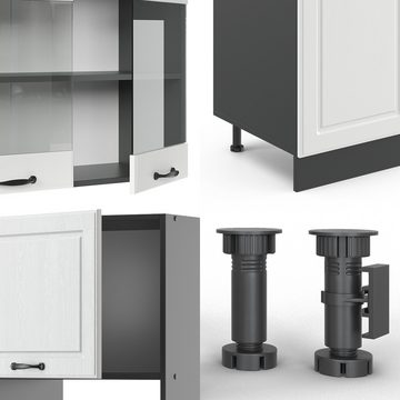 Livinity® Küchenzeile R-Line, Weiß Landhaus/Anthrazit, 300 cm mit Hochschrank, AP Eiche