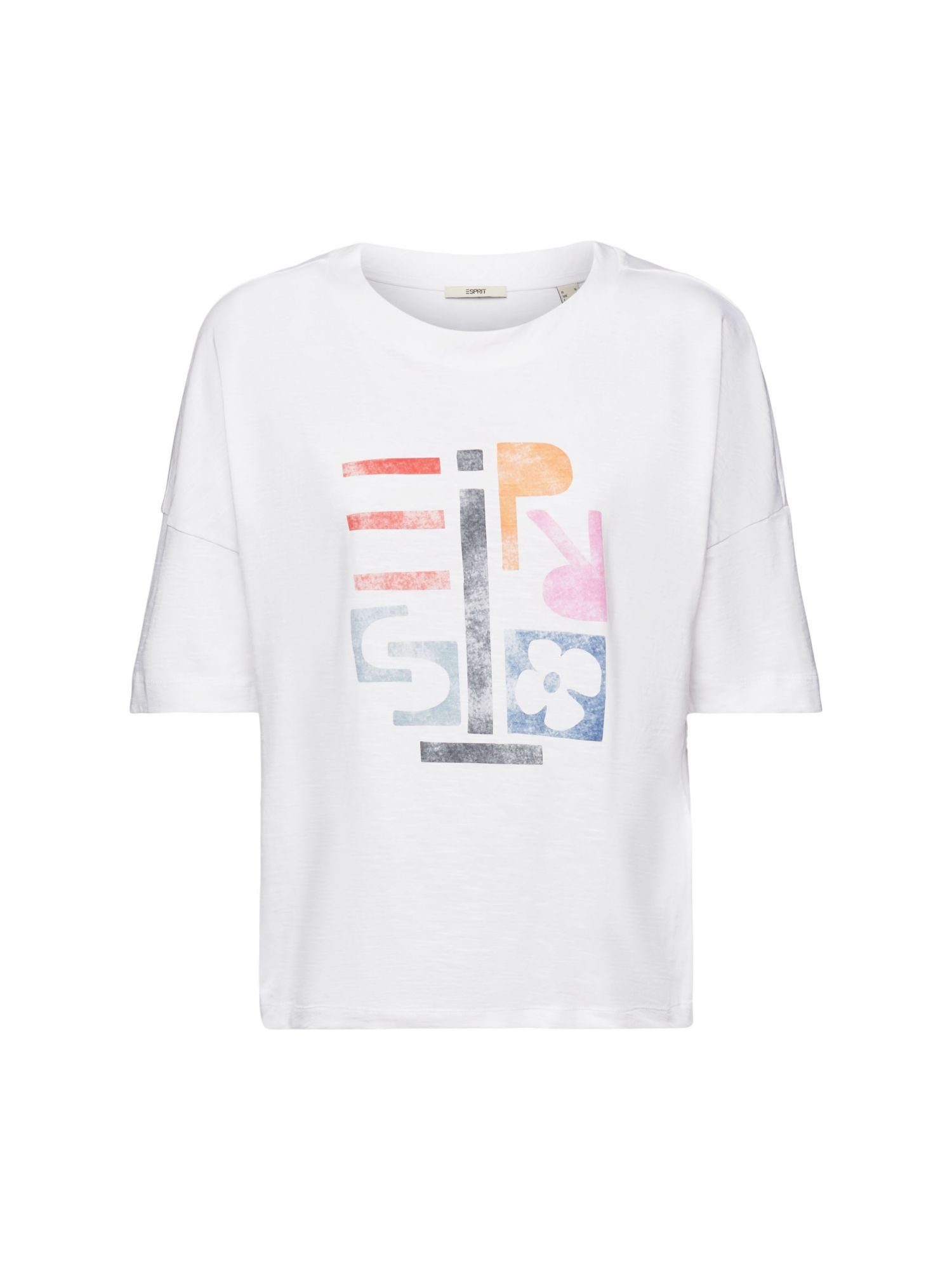 Esprit Langarmshirt Baumwoll-T-Shirt mit geometrischem Print (1-tlg) WHITE