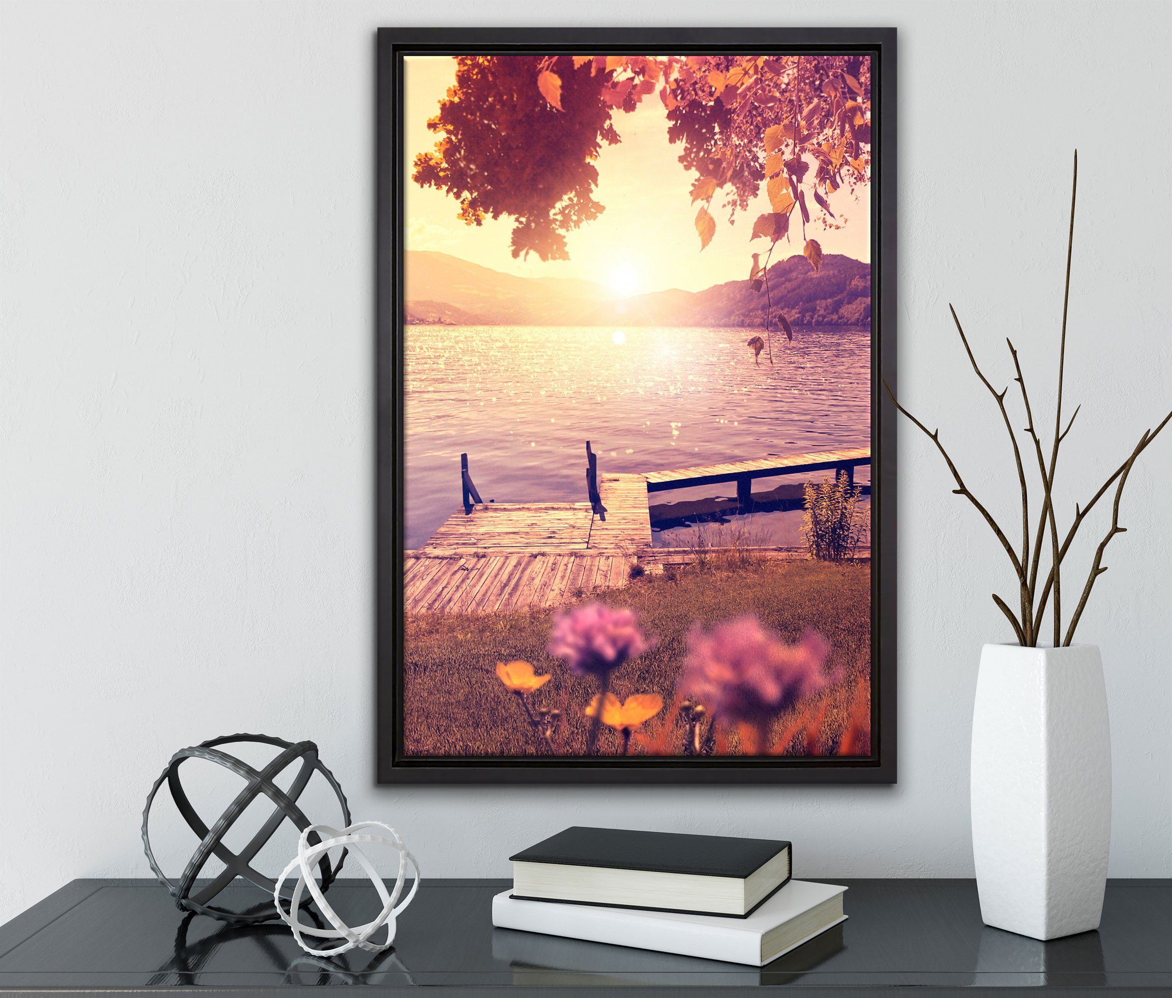 Pixxprint Leinwandbild Steg im inkl. Meer, gefasst, fertig Sonnenuntergang bespannt, Wanddekoration in (1 Leinwandbild Zackenaufhänger St), Schattenfugen-Bilderrahmen einem