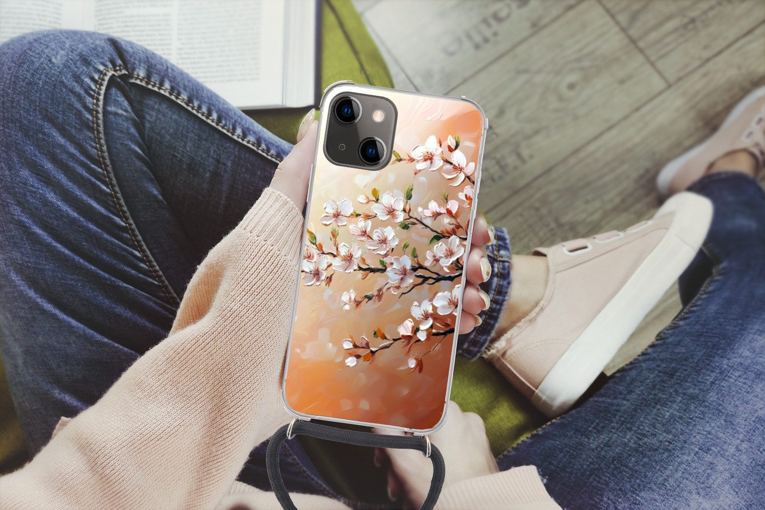 MuchoWow Handyhülle für Apple iPhone 13 Blütenzweige - Malerisch - Rosa, Tragbare Handyhüllen mit Kette zum umhängen, Handykette Handyband