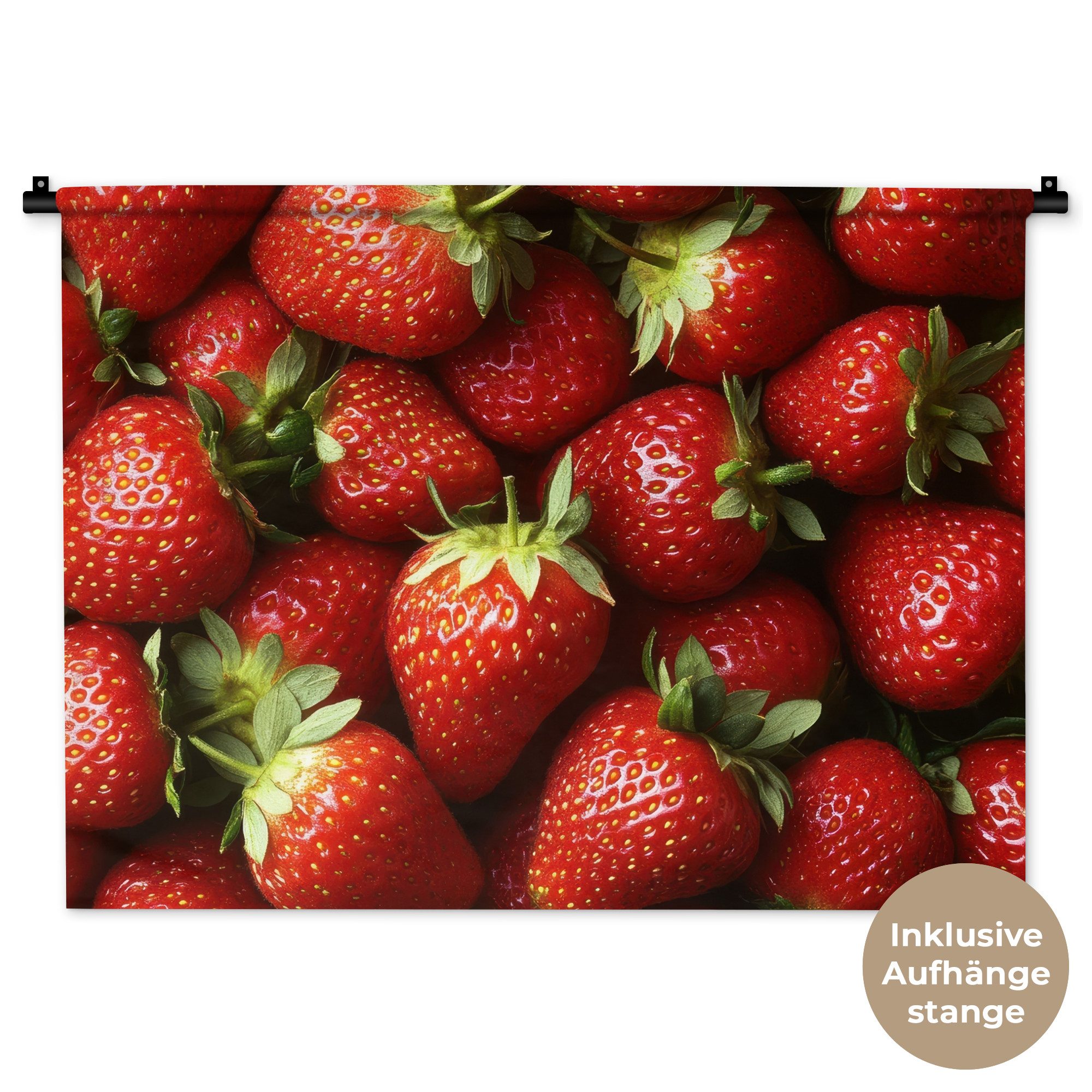 MuchoWow Wandteppich Erdbeere - Obst - Rot, Rechteckig, Höhe: 3 mm, Wand Teppiche, Wandbehang, 90x67 cm