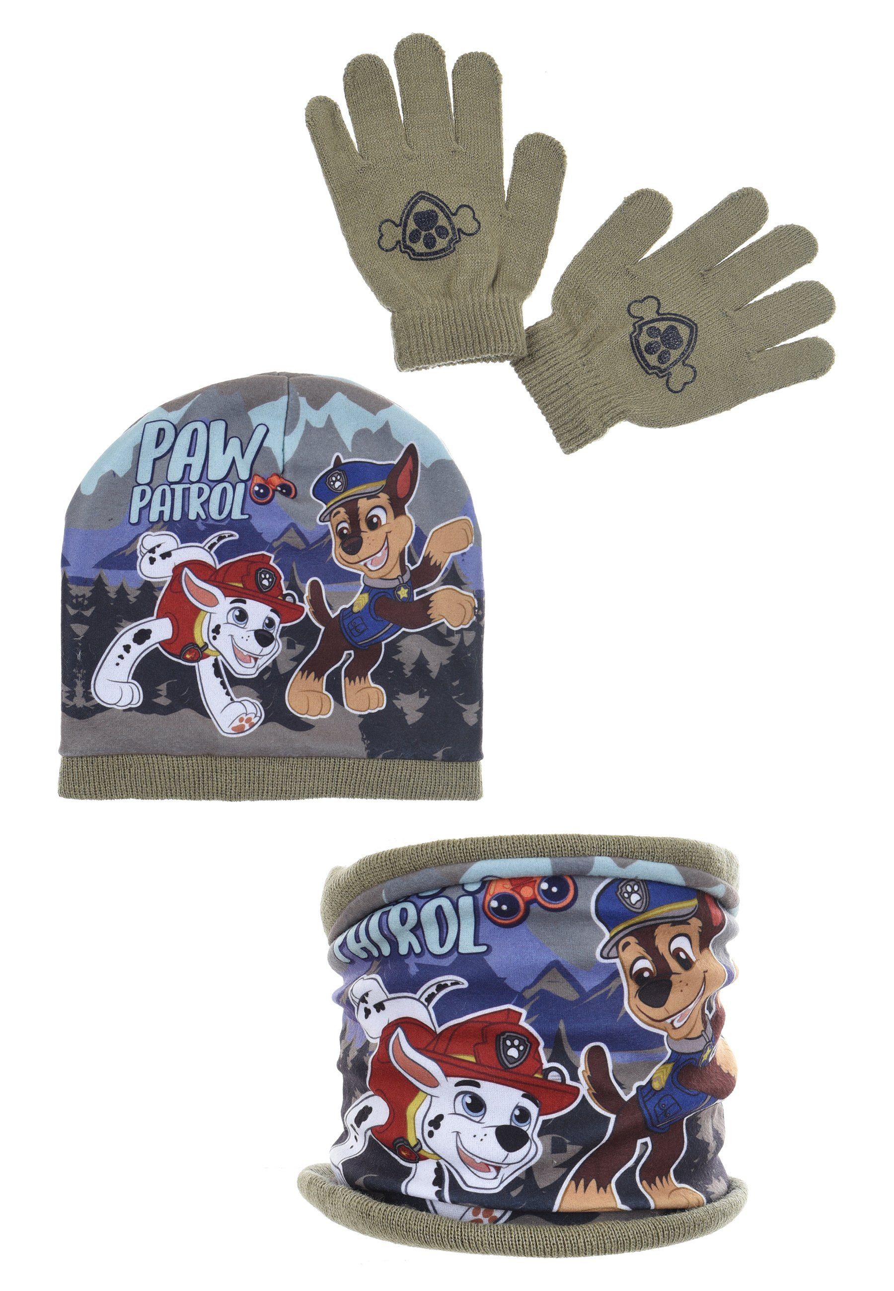 PAW PATROL Beanie Chase Marshall Kinder Winter-Set 3 tlg. Mütze, Schlauchschal & Handschuhe (SET)