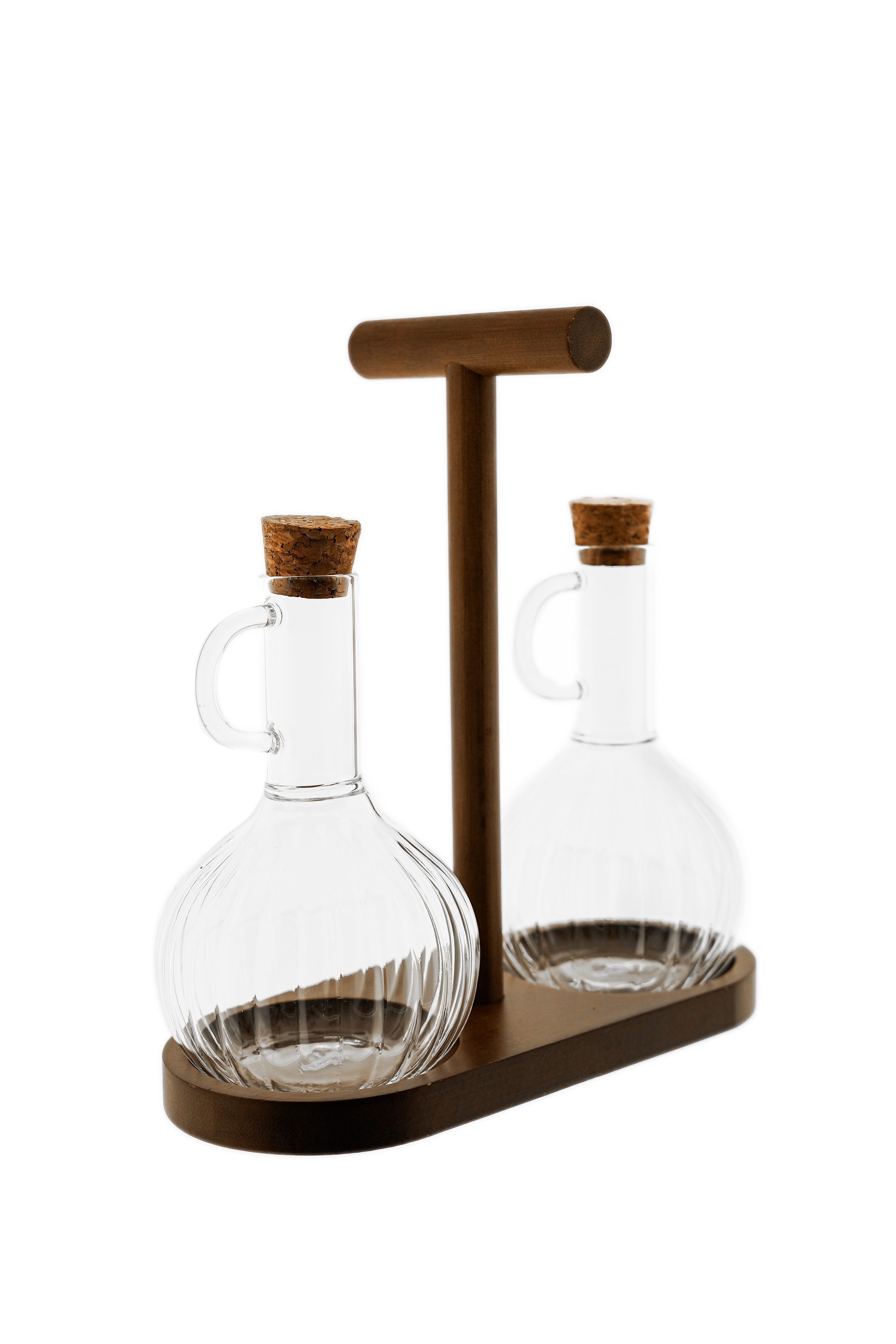 Mulex Ölspender Öl- & Essigspender Set mit Holzständer - 320 ml in Relief-Design, (5-tlg)