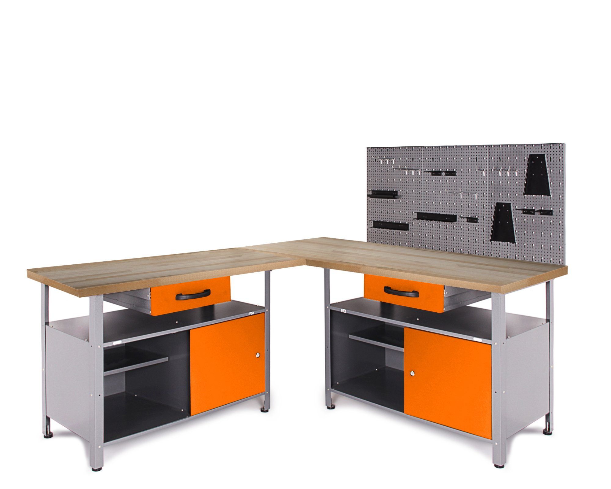 ONDIS24 Werkstatt-Set Ecklösung Classic One, Werkbank, 180 cm  Holzarbeitsplatte, Werkzeugwand Lochwand, Haken Set, Metall (Arbeitshöhe  85cm)