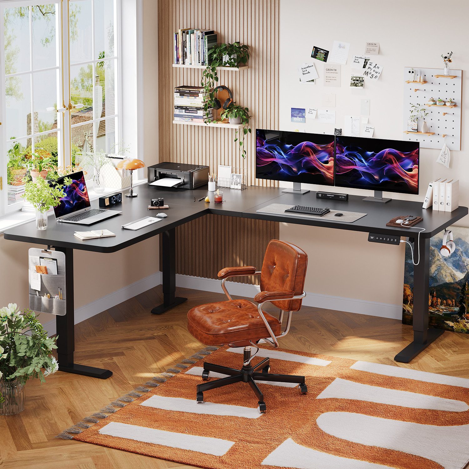 HOMALL Schreibtisch 20 mm starker EckSchreibtisch, L-förm höhenverstellbarer Schreibtisch (Maße: 160 × 140 / 190 × 155, 20 mm dicke Tischplatte, Tragkraft bis zu 100 kg, mit beweglicher Steckdose, in 3 Stufen höhenverstellbar)