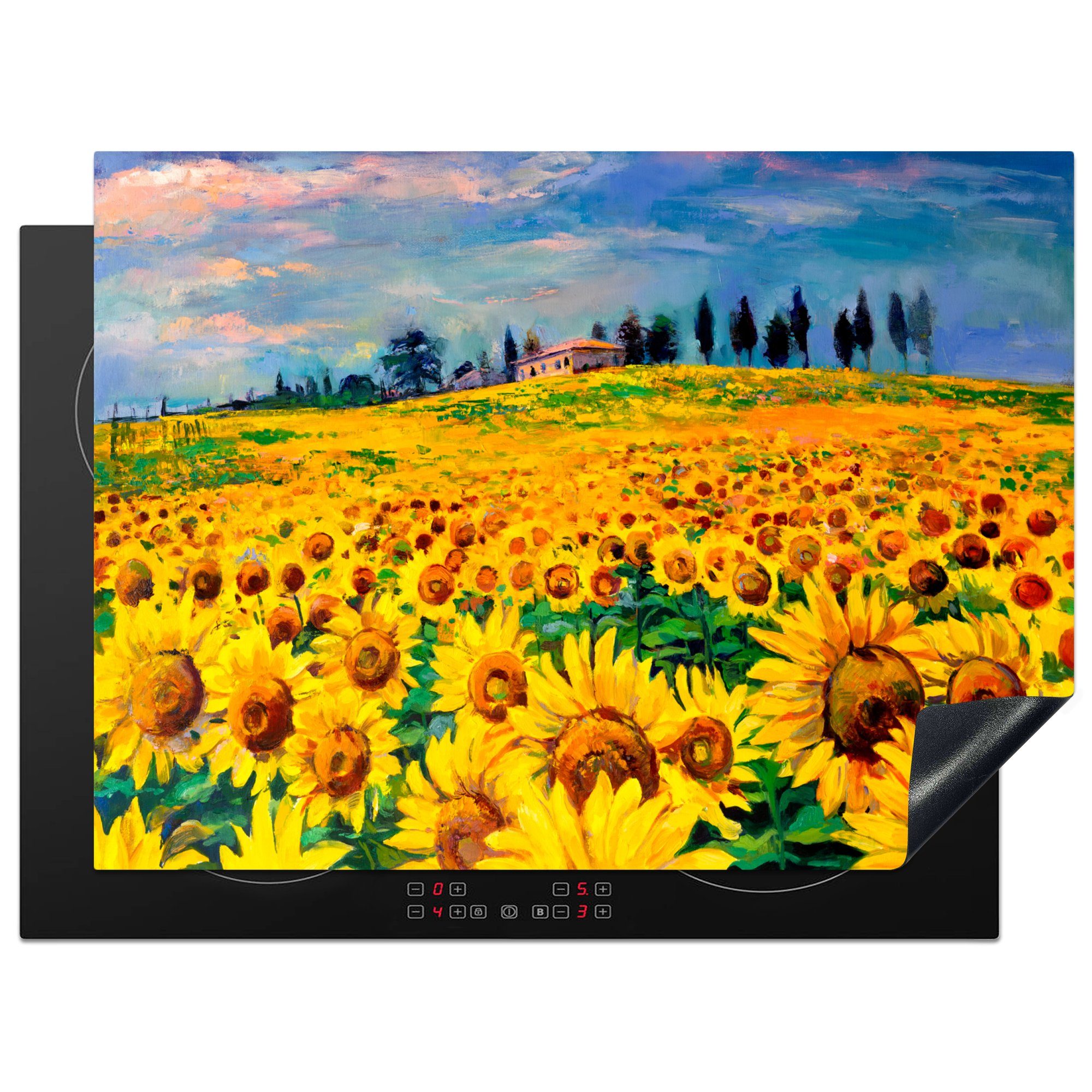 MuchoWow Herdblende-/Abdeckplatte Gemälde - Sonnenblume - Ölfarbe - Blumen, Vinyl, (1 tlg), 70x52 cm, Mobile Arbeitsfläche nutzbar, Ceranfeldabdeckung | Herdabdeckplatten