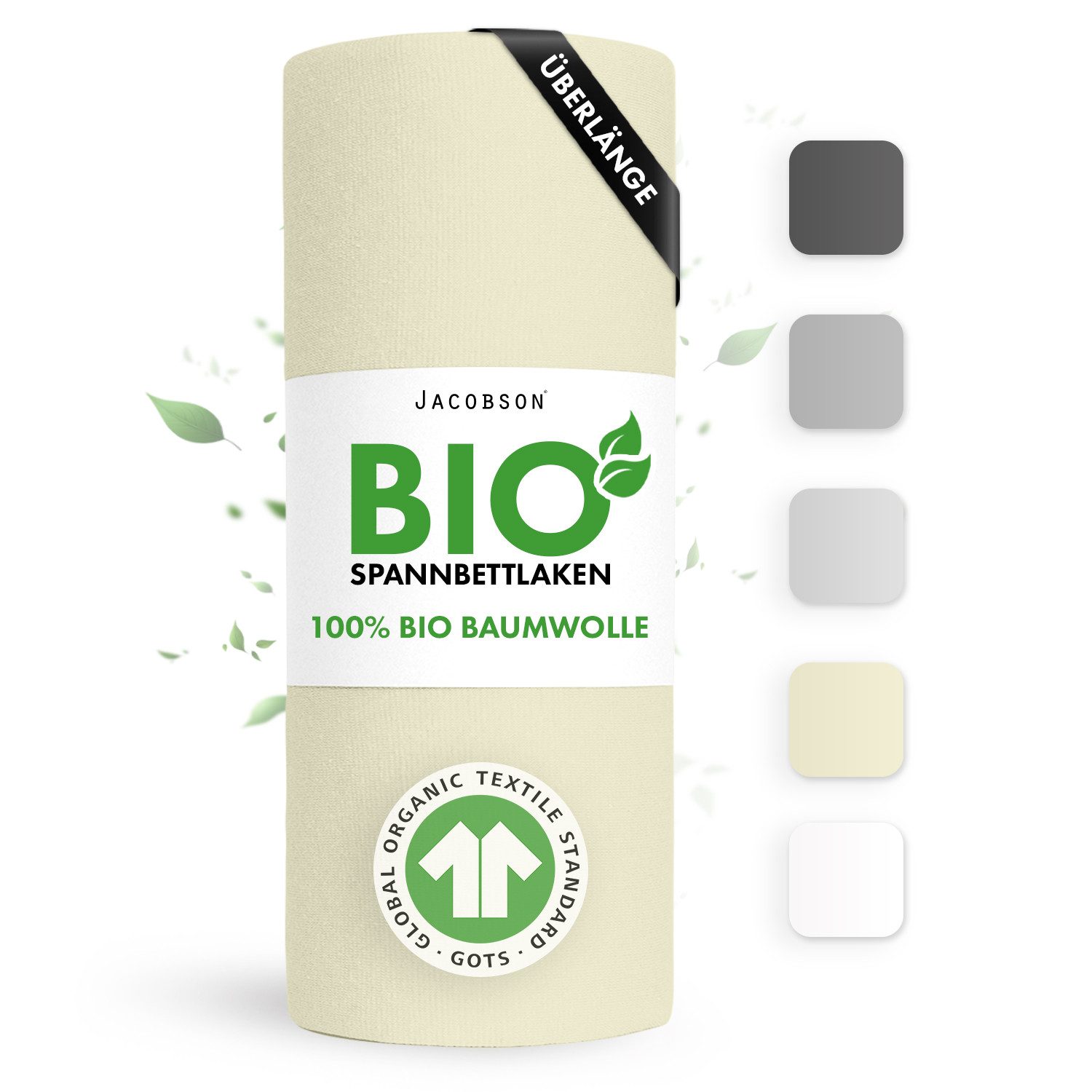 Jacobson Spannbettlaken BIO, Jersey Spannbetttuch, Bettlaken 160 g/m², 100% BIO-Baumwolle, Gummizug: rundum, GOTS zertifiziert