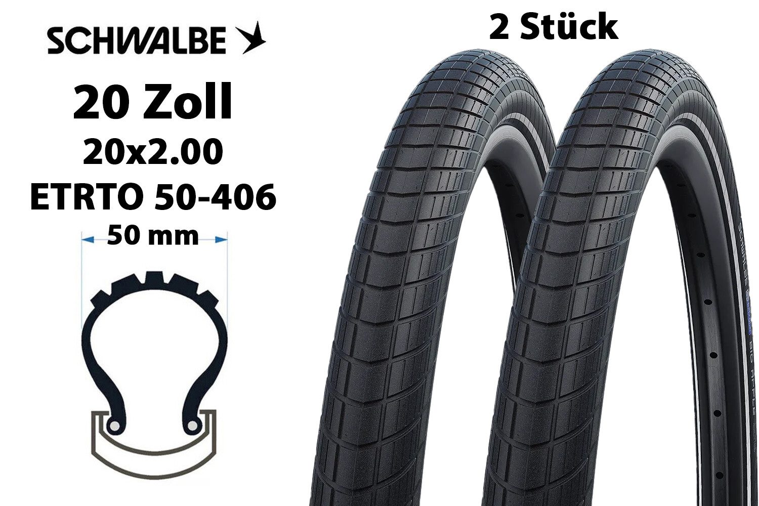 Schwalbe Fahrradreifen 2 Stück 20 Zoll SCHWALBE Big Apple 20x2.0 RaceGuard Reflex 50-406, (2-tlg), Reflexstreifen,Pannenschutz
