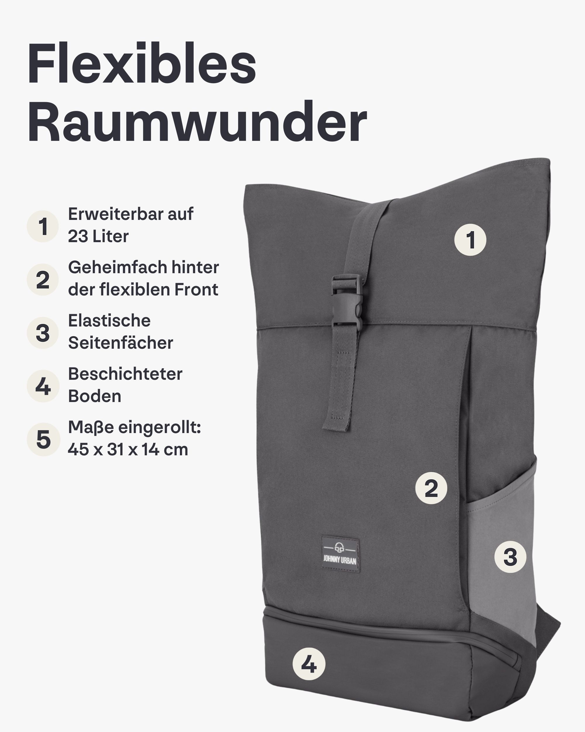 Johnny Urban Cityrucksack Allen Large Rolltop mit Laptopfach (1-tlg), Wasserabweisend – Bild 3 von 5