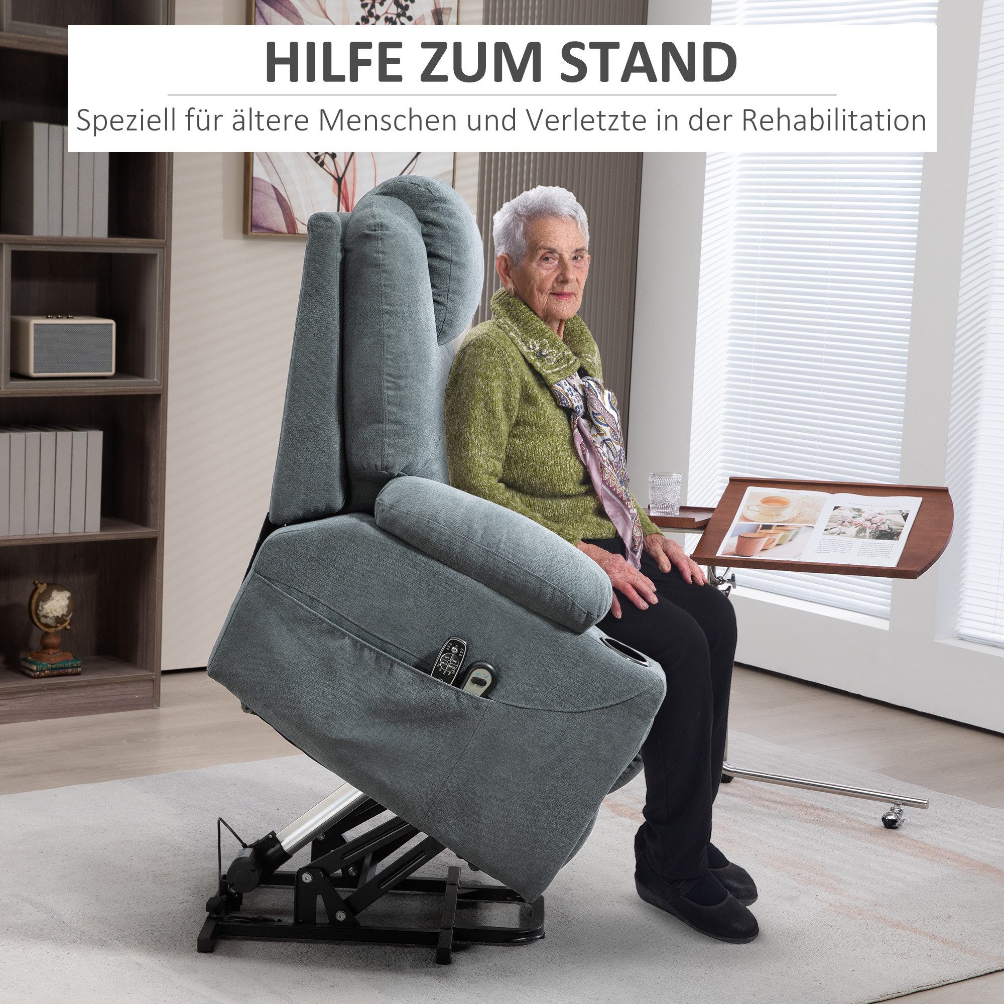 HOMCOM Massagesessel TV-Sessel mit Aufstehhilfe Elektrisch, Massagefunktion, Heizfunktion (Fernsehsessel mit Fernbedienung, 1-St., Relaxsessel mit Liegefunktion – Bild 4 von 5