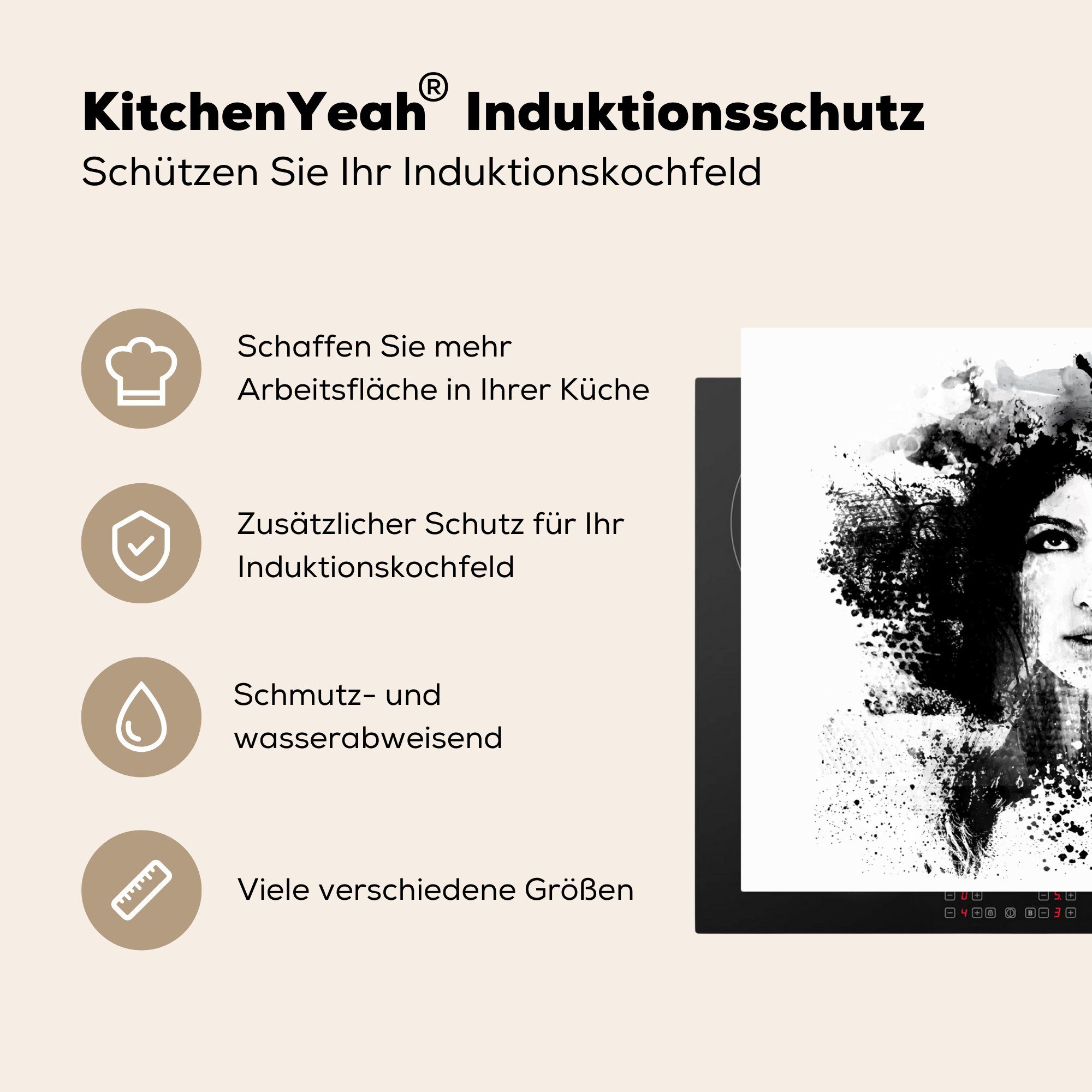 die weiß, Vinyl, schwarz tlg), und 81x52 Induktionskochfeld Frau Illustration (1 MuchoWow cm, Schutz für Ceranfeldabdeckung Herdblende-/Abdeckplatte küche,