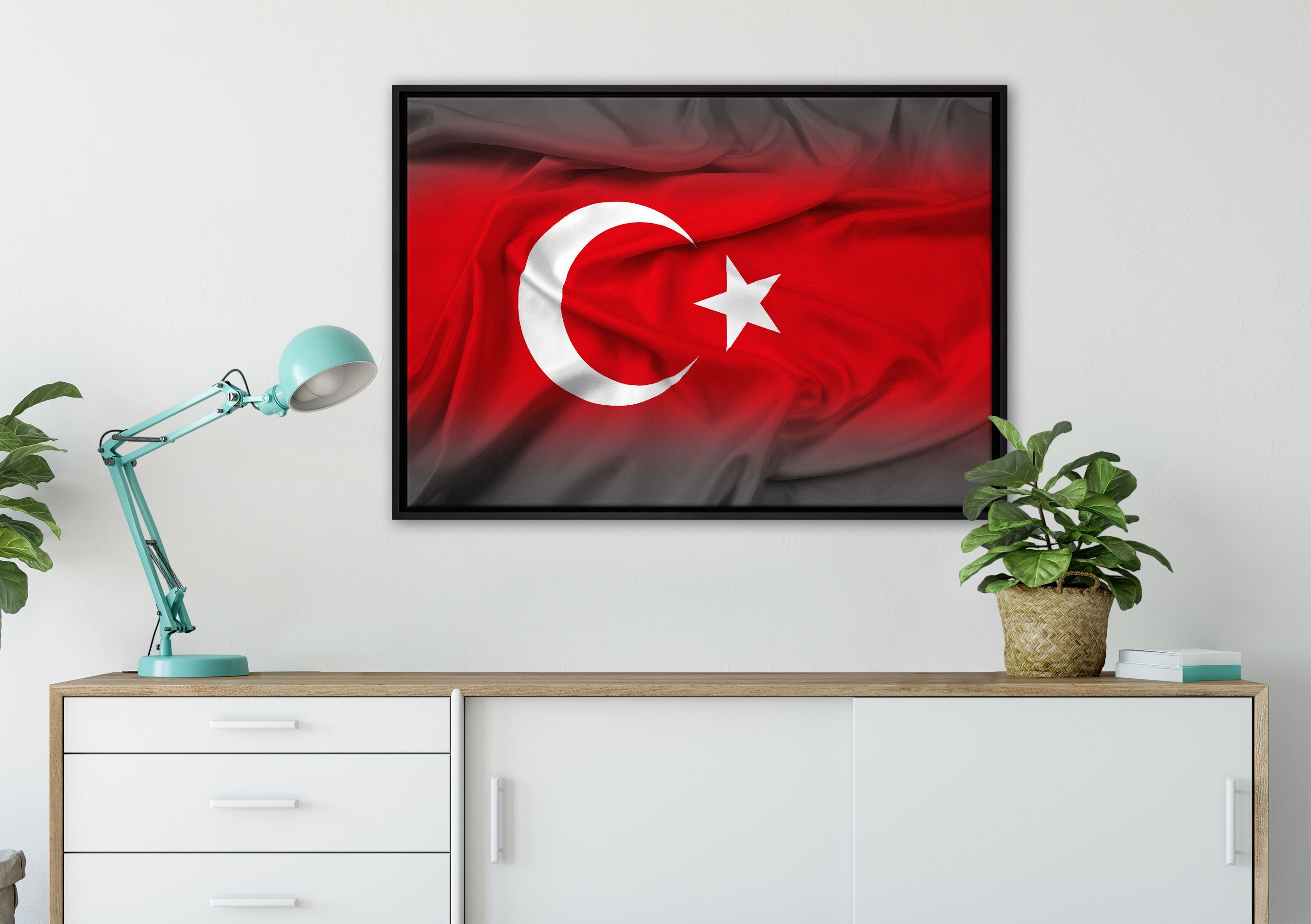 Türkei, Pixxprint Leinwandbild fertig inkl. gefasst, Flagge St), in Zackenaufhänger bespannt, (1 der Schattenfugen-Bilderrahmen einem Leinwandbild Wanddekoration