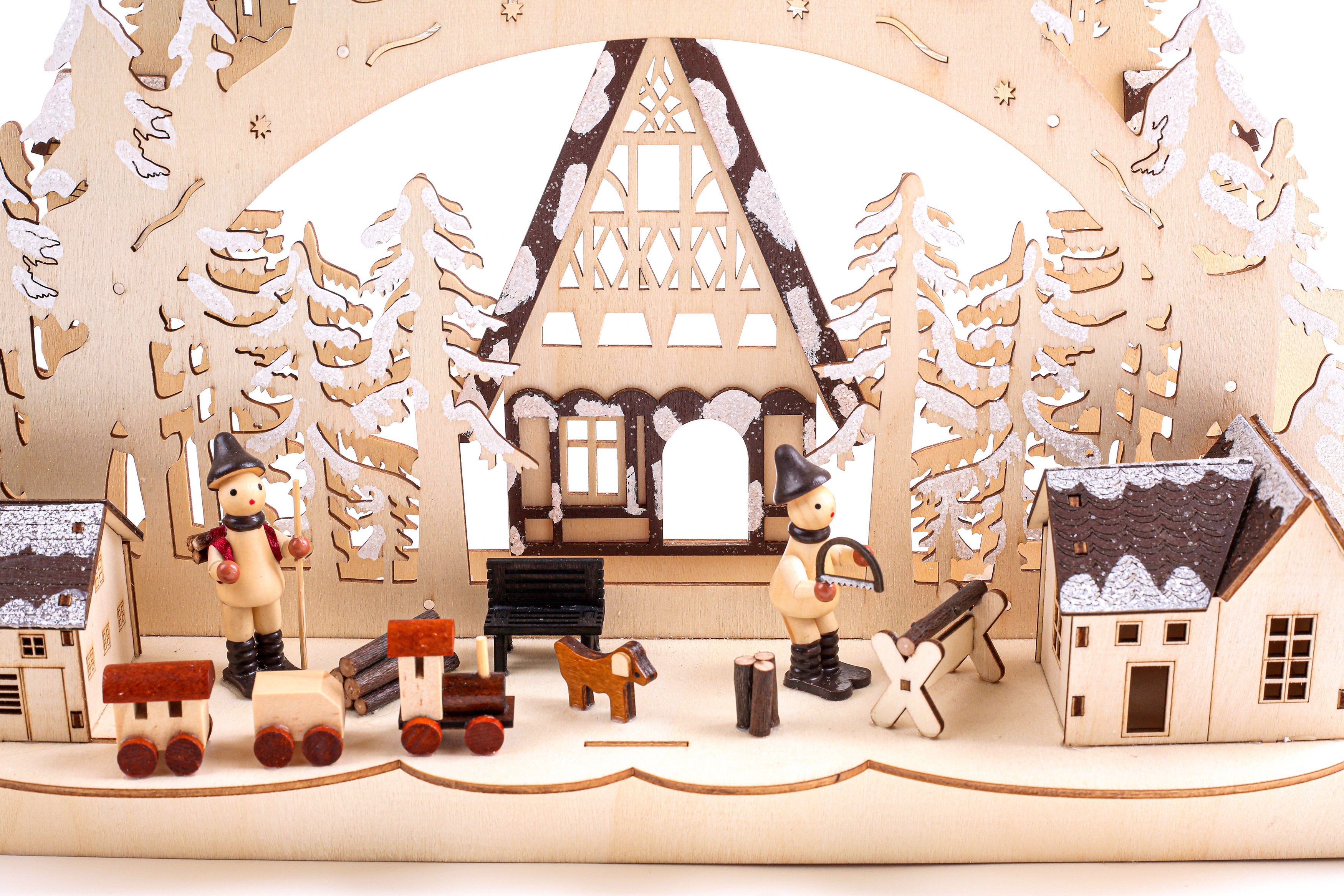 handbemalt 3D beleuchtet Holzarbeitern, mit BRUBAKER Szene mit traditioneller LED Lichterbogen Holzbogen cm 26,8 - Schwibbogen Winterlandschaft