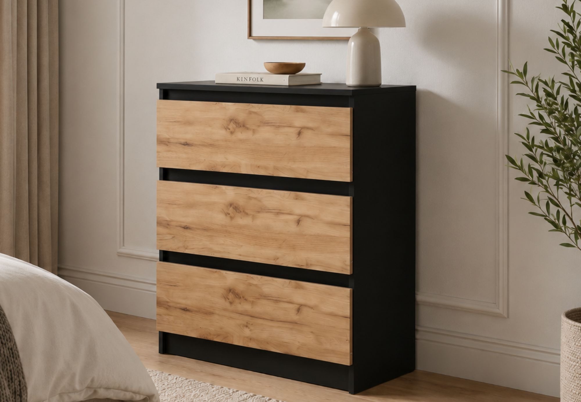 Home Collective Kommode Sideboard mit Schubladen Schubladenschrank Kommodenschrank, modern & vielseitig, mit 3 grifflosen Schubladen Schwarze Craft-Eiche