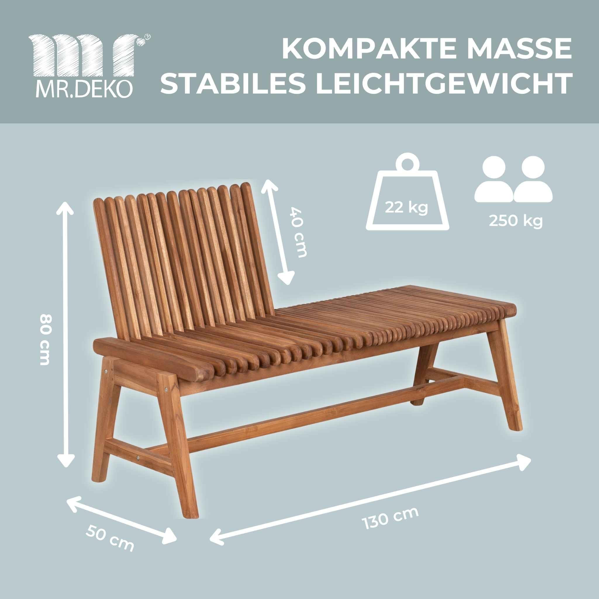 MR.DEKO Gartenbank Leeds Bank aus massivem Teakholz 130 cm mit flexibler Rückenlehne (2-Sitzer Bank, zerlegt geliefert, ideal für Terrasse, 1-St), Massive Sitzbank Garten und Balkon, 250 kg belastbar