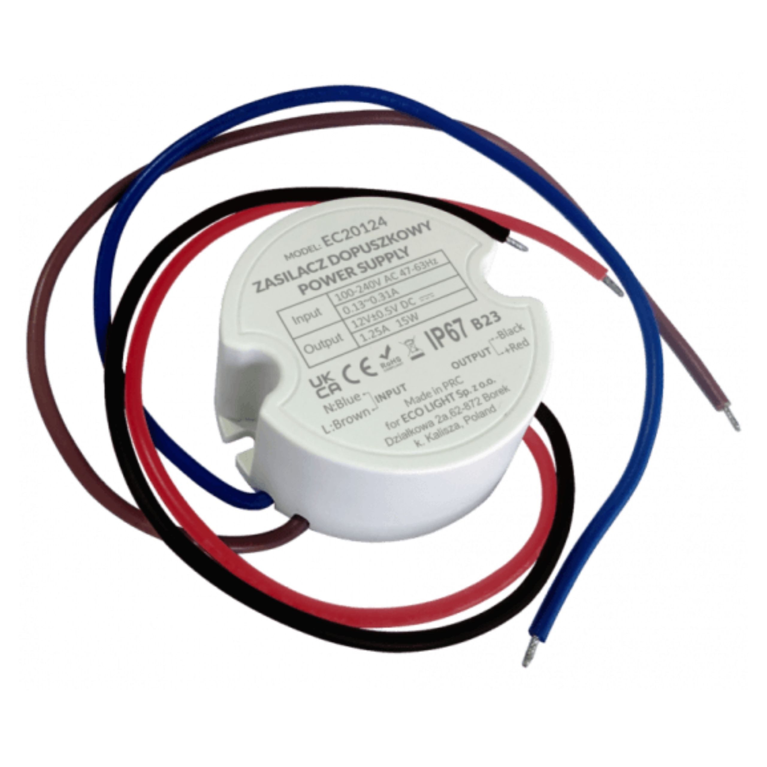 Sarcia.eu Stromversorgung für die Anschlussdose fi60 1,25A 15W 12V IP67 50x22mm LED Trafo