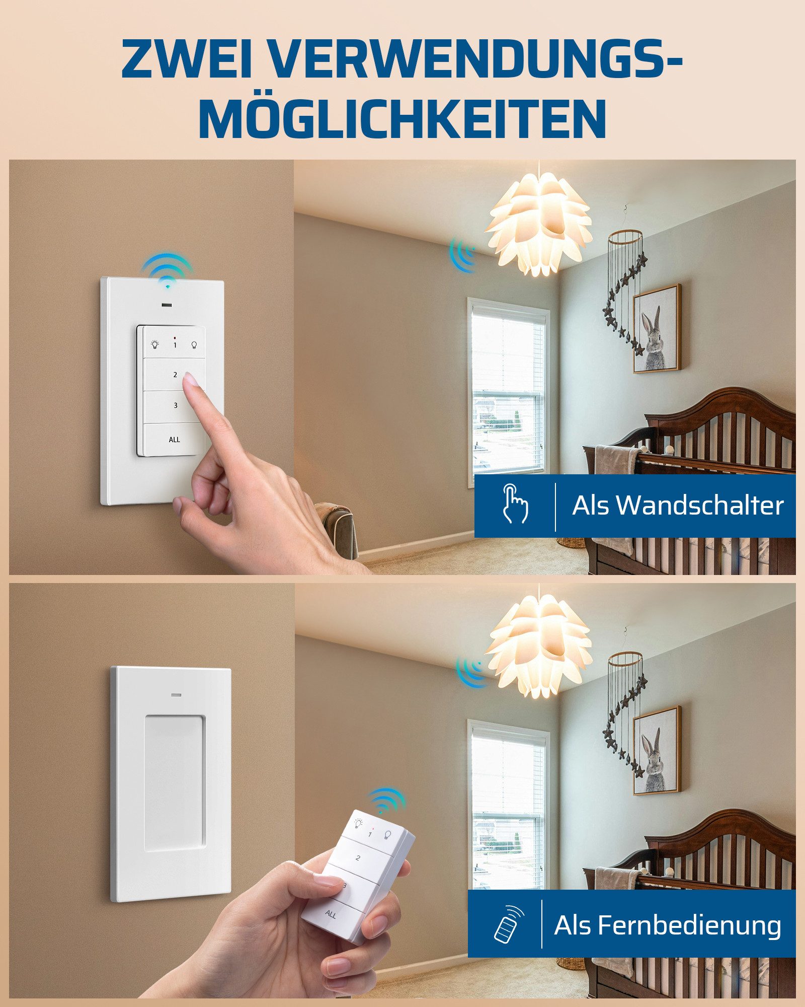 DEWENWILS Licht-Funksteuerung Funkschalter Set, für Schlafzimmer, Kinderzimmer, Büro, Arbeitszimmer, Wohnzimmer, Funk Wandschalter, Kabellos Funk Lichtschalter Set
