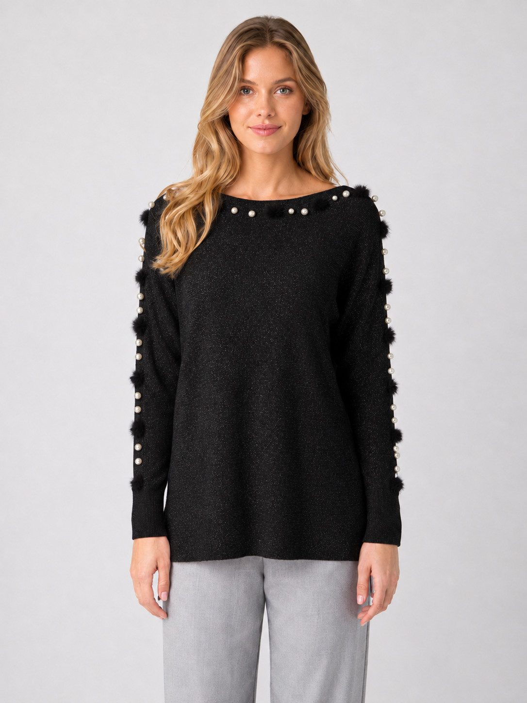 Passioni Strickpullover mit U-Boot-Ausschnitt, Bommel und Perlenverzierung