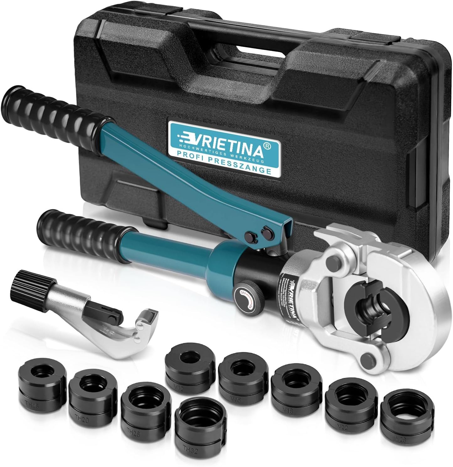 XERSEK Crimpzange Presszange Handpresszange V-Kontur TH-Kontur f. Kupferrohr Verbundrohr, mit Rohrabschneider mit V12 V15 V18 V22 V28, & TH16 TH20 TH26 TH32