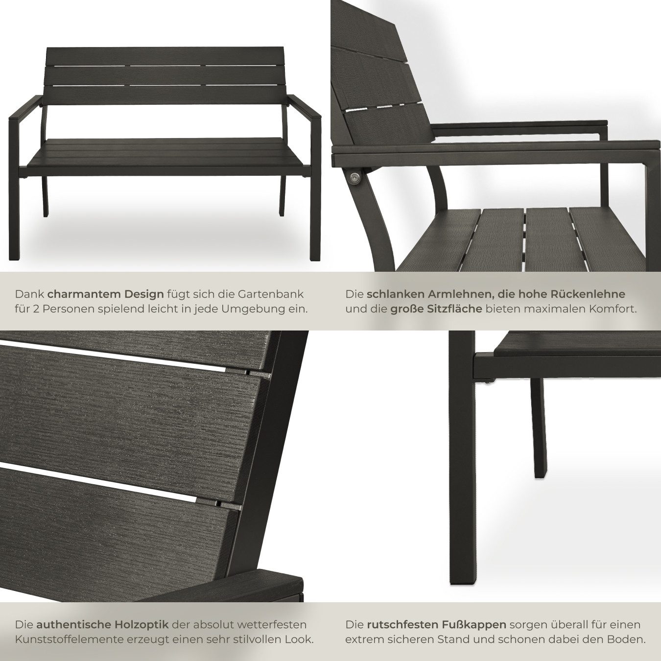tectake Gartenbank Aluminium-Outdoor-Sitzbank, Maße: 128 x 59 x 88 cm, 2-Sitzer (Parkbank Line, in dunkelgrau), Wetterbeständig, Holzoptik, mit einer Belastbark – Bild 5 von 5