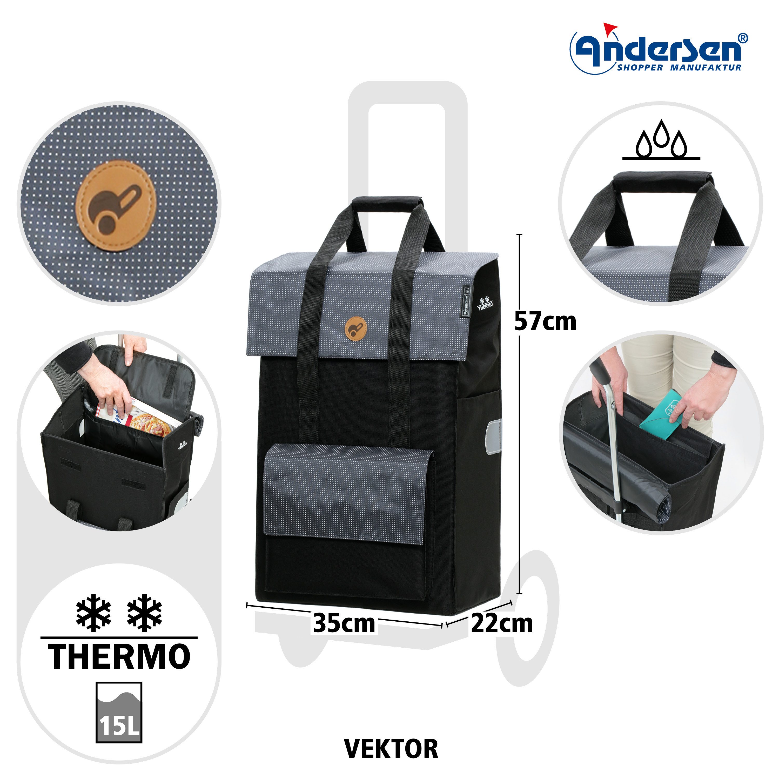 Andersen Einkaufstrolley Treppensteiger Royal Shopper Vektor grau, Thermofach 15 Liter, klappbar, belastbar bis 50kg, wasserabweisend