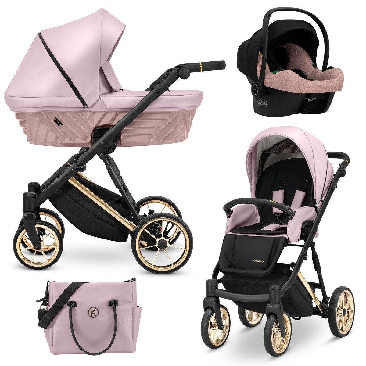 KUNERT Kombi-Kinderwagen IVENTO PREMIUM 3in1 Öko-Leder Kinderwagen mit Goldrahmen und Zubehör, 2in1-Set mit Tragetasche und Sportsitz, ergonomische Bambusmatratze