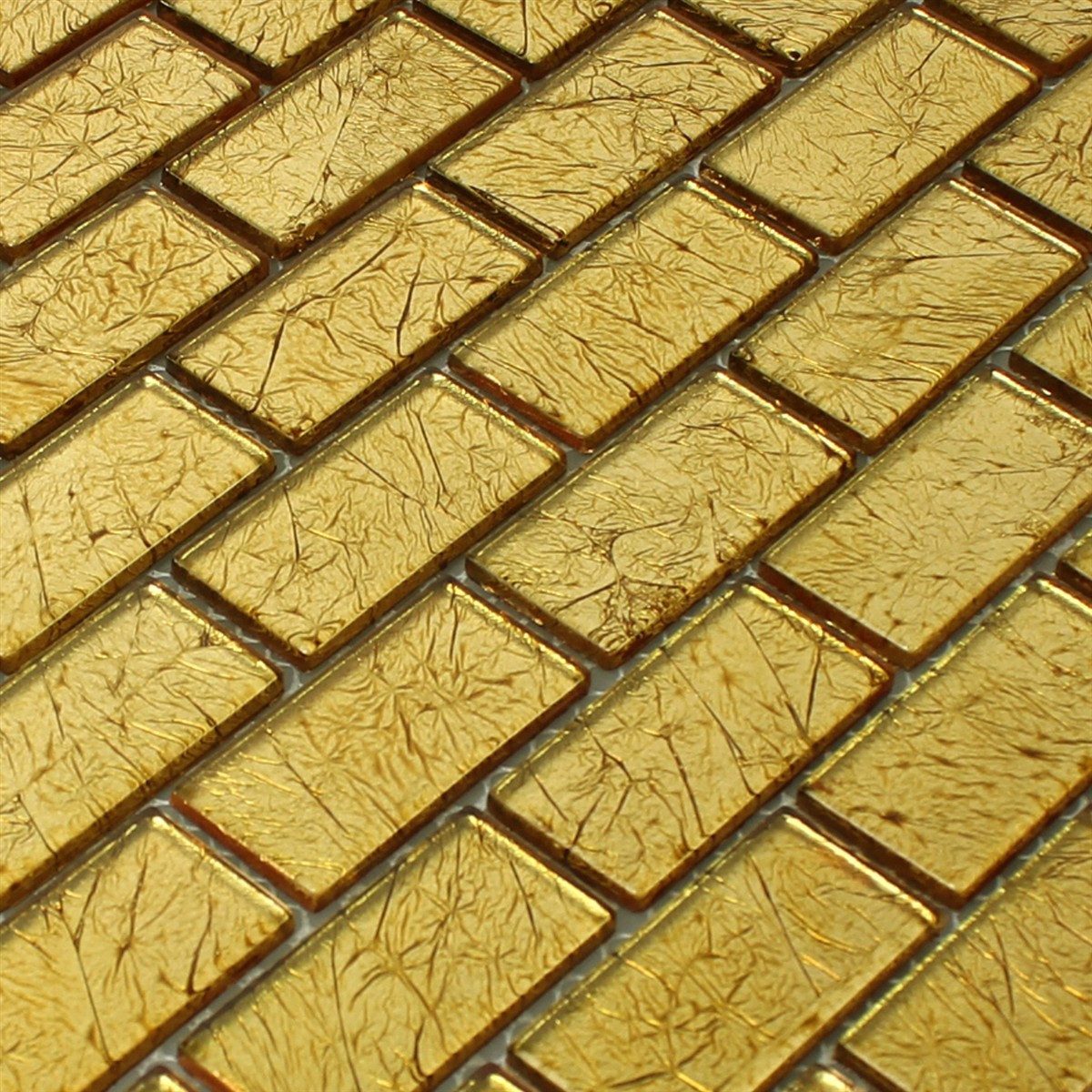 Mosafil Mosaikfliesen Glasmosaik Fliesen Sophia Gold Brick, Glas 30.000x30.000, gold, Verlegefertig auf ein Netz geklebt - Wasserfest