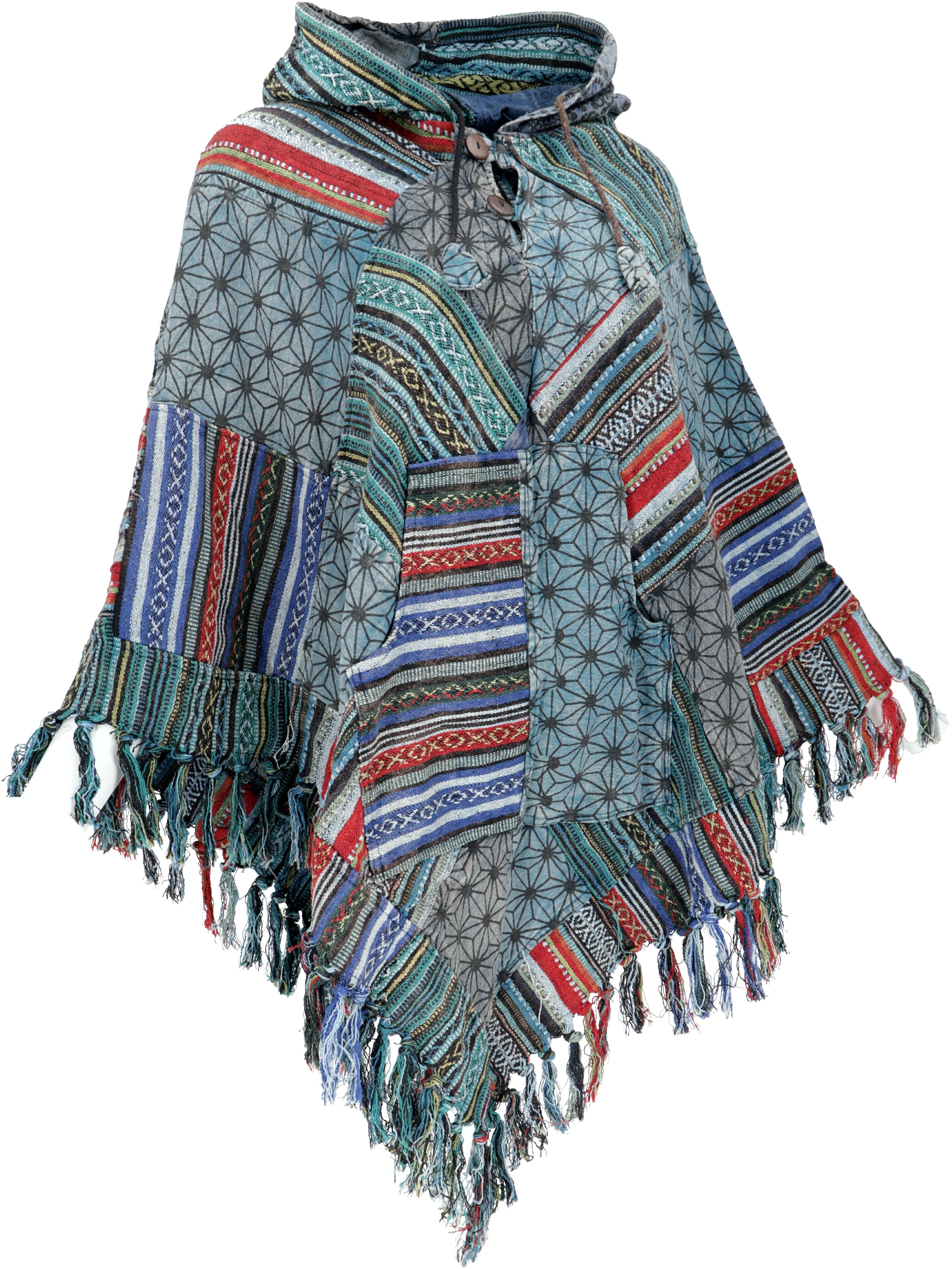 Guru-Shop Strickjacke Patchwork Poncho mit Kapuze und Fransen, Boho.. Ethno Style, alternative Bekleidung – Bild 4 von 5