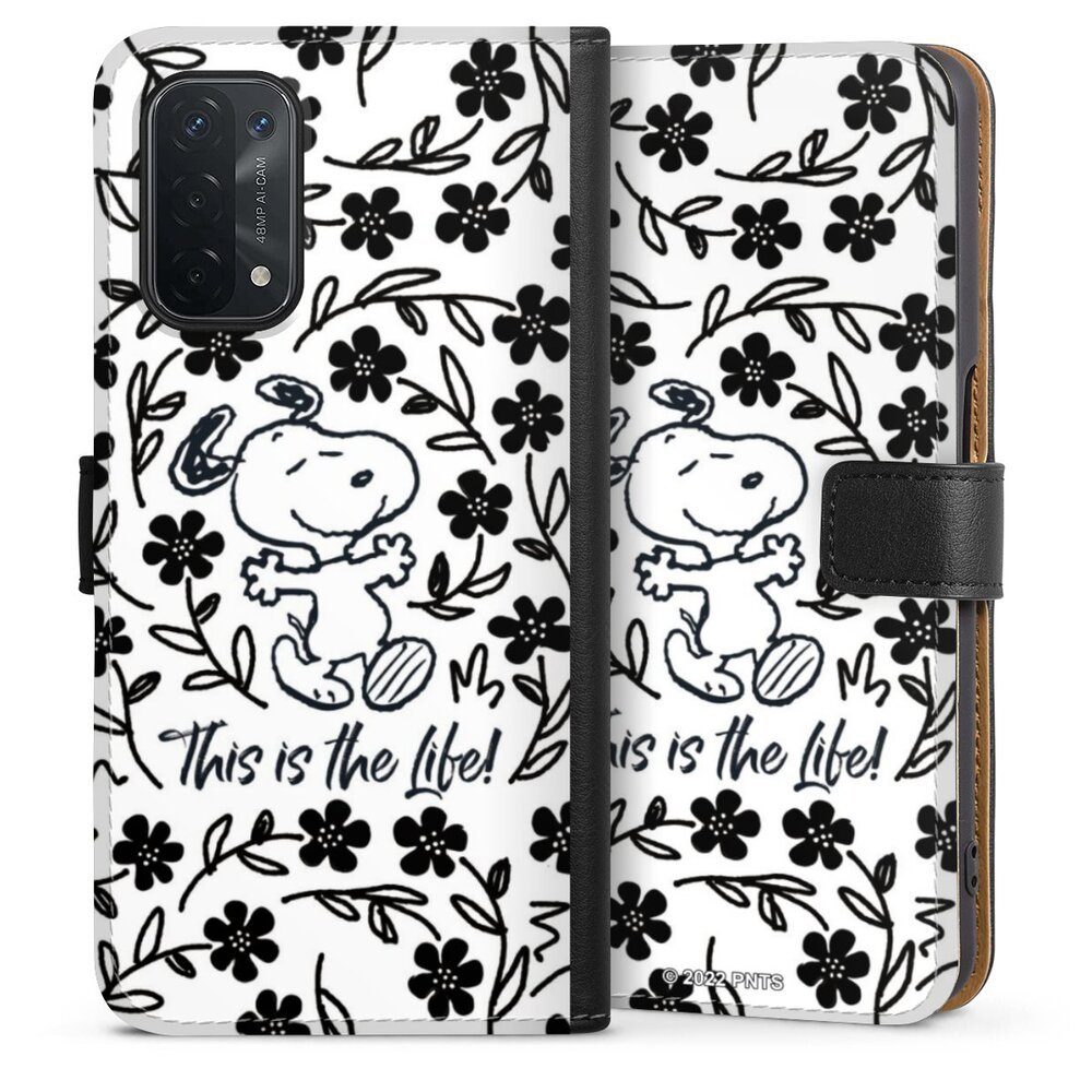 DeinDesign Handyhülle Peanuts Blumen Snoopy Snoopy Black and White This Is The Life, Oppo A54 5G Hülle Handy Flip Case Wallet Cover Handytasche Leder