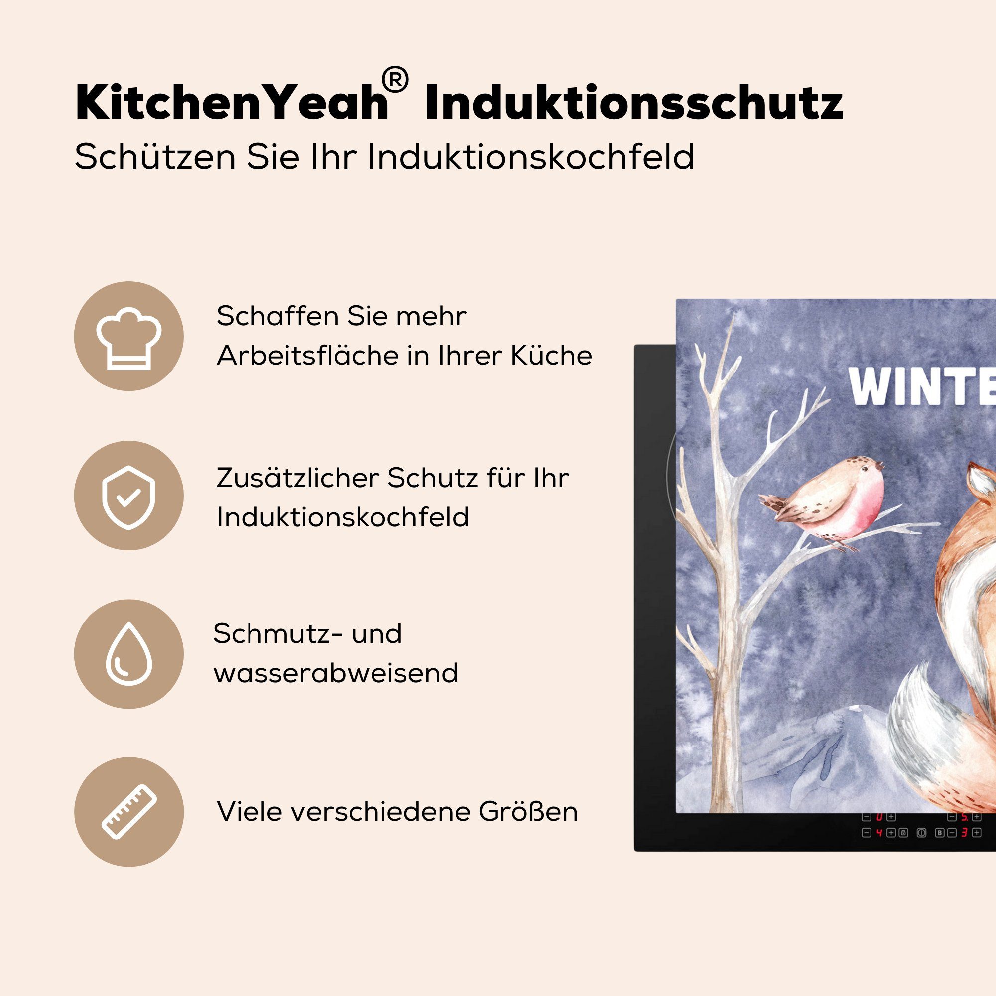 MuchoWow Herdblende-/Abdeckplatte Winter - Fuchs küche, Kaninchen, für Ceranfeldabdeckung tlg), cm, 81x52 - Schutz die (1 Induktionskochfeld Vinyl, - Vogel