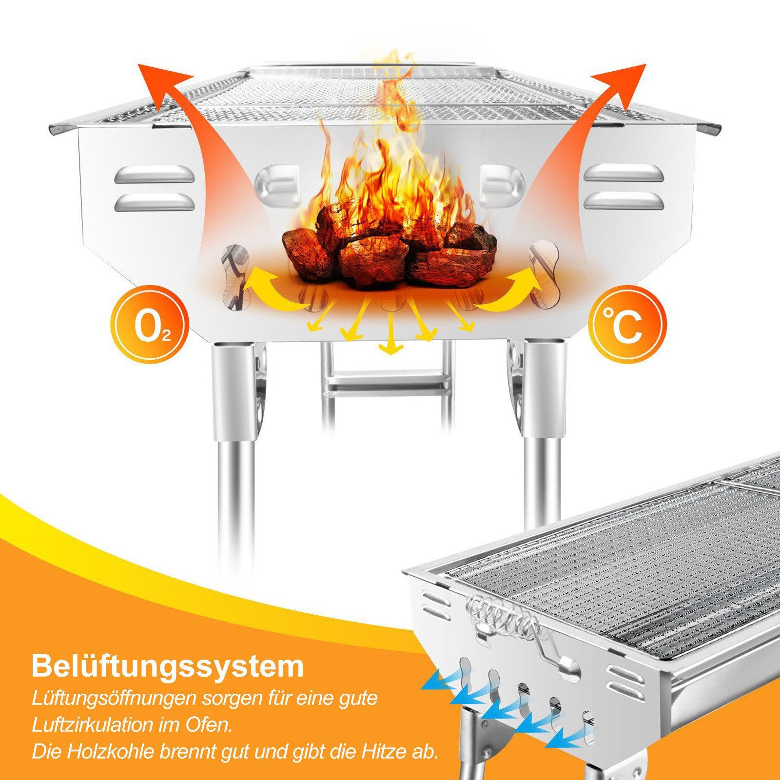 SunJas Holzkohlegrill CA-12 Edelstahl Holzkohlegrill mit Praktische Seitenablagen, BBQ Grill,Standgrill,compinggrill, Größe:110*33.5*71.5cm, Tragbarer Klappgril – Bild 3 von 5
