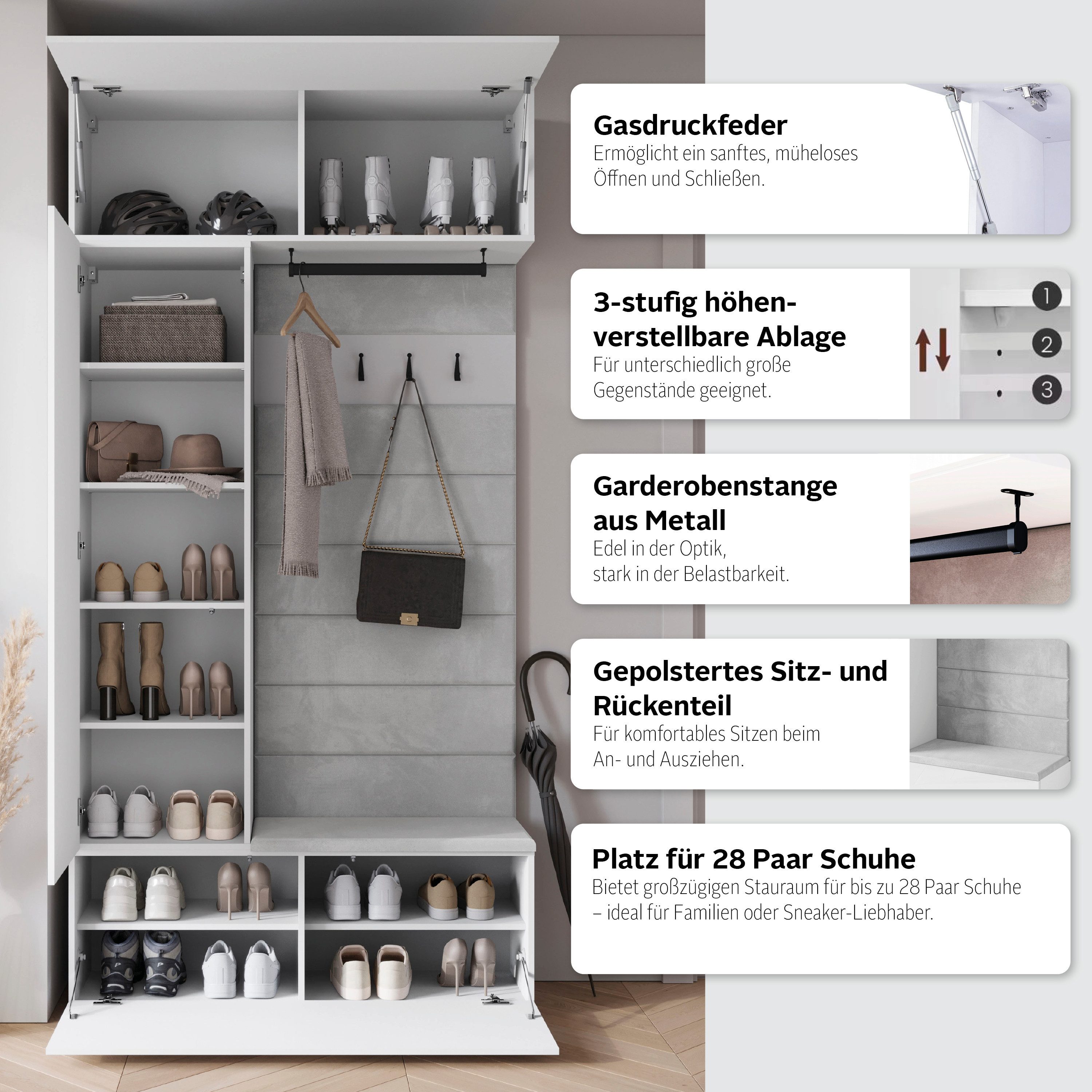 Home affaire Garderoben-Set TEJO, (Komplett-Set, 1-St), Mit Spiegel, gepolsterte Sitzbank, Türanschlag links/rechts wechselbar