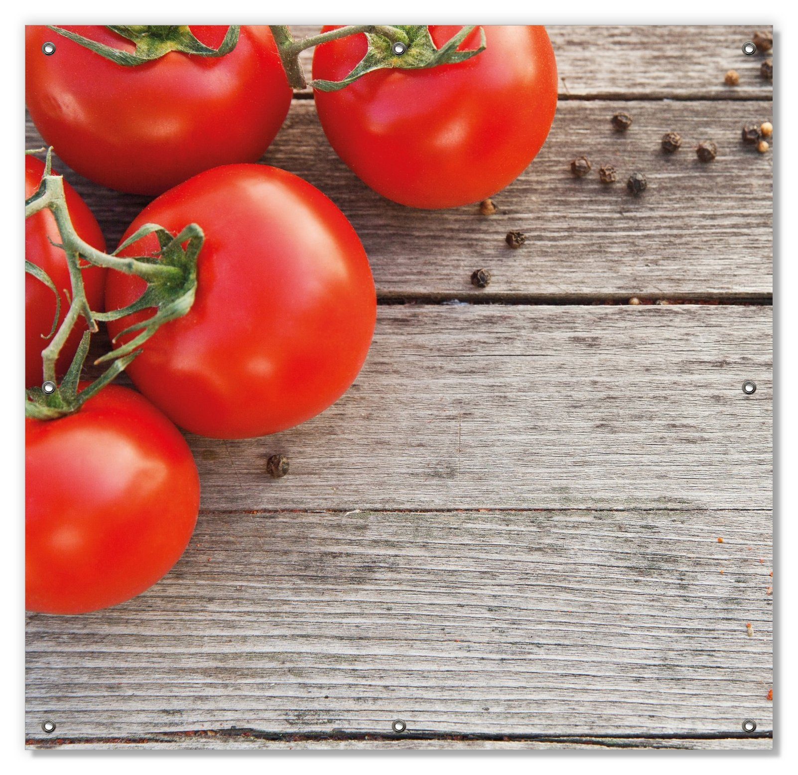 Tomaten und wiederablösbar Sonnenschutz wiederverwendbar altem Saugnäpfen, auf blickdicht, und mit Gewürze Holztisch, Wallario,