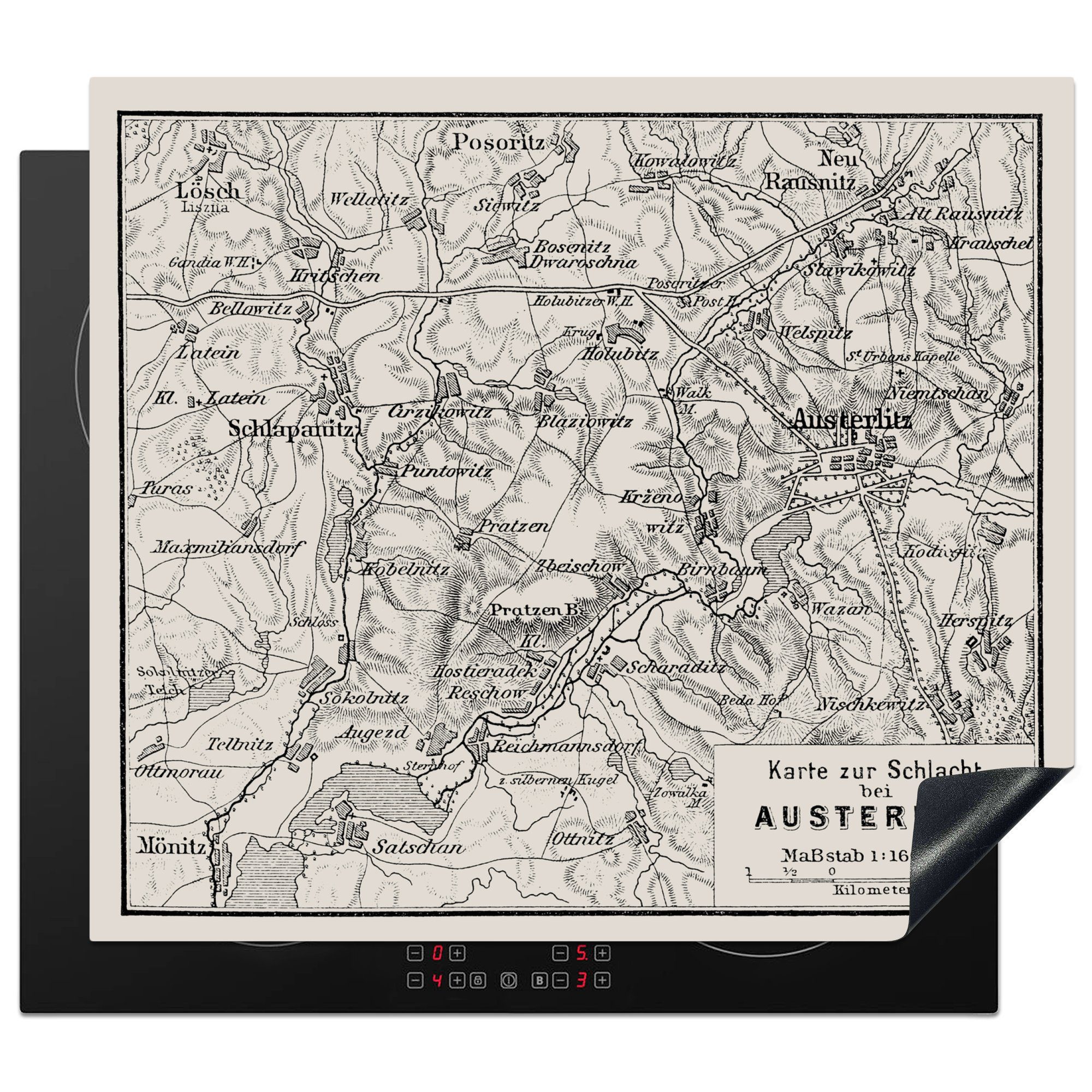 MuchoWow Herdblende-/Abdeckplatte Illustrierte Karte der Schlacht von Austerlitz, Vinyl, (1 tlg), 60x52 cm, Mobile Arbeitsfläche nutzbar, Ceranfeldabdeckung